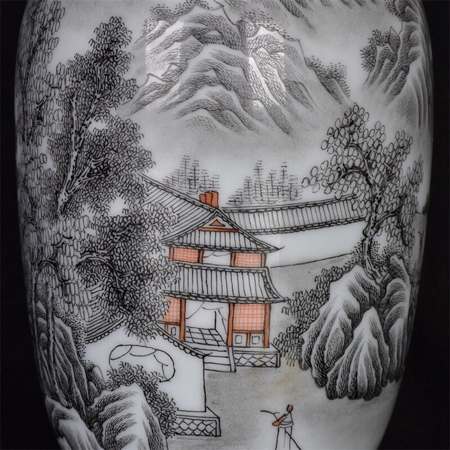 Chinese antique ink colored mountain and water patterned long necked bottle