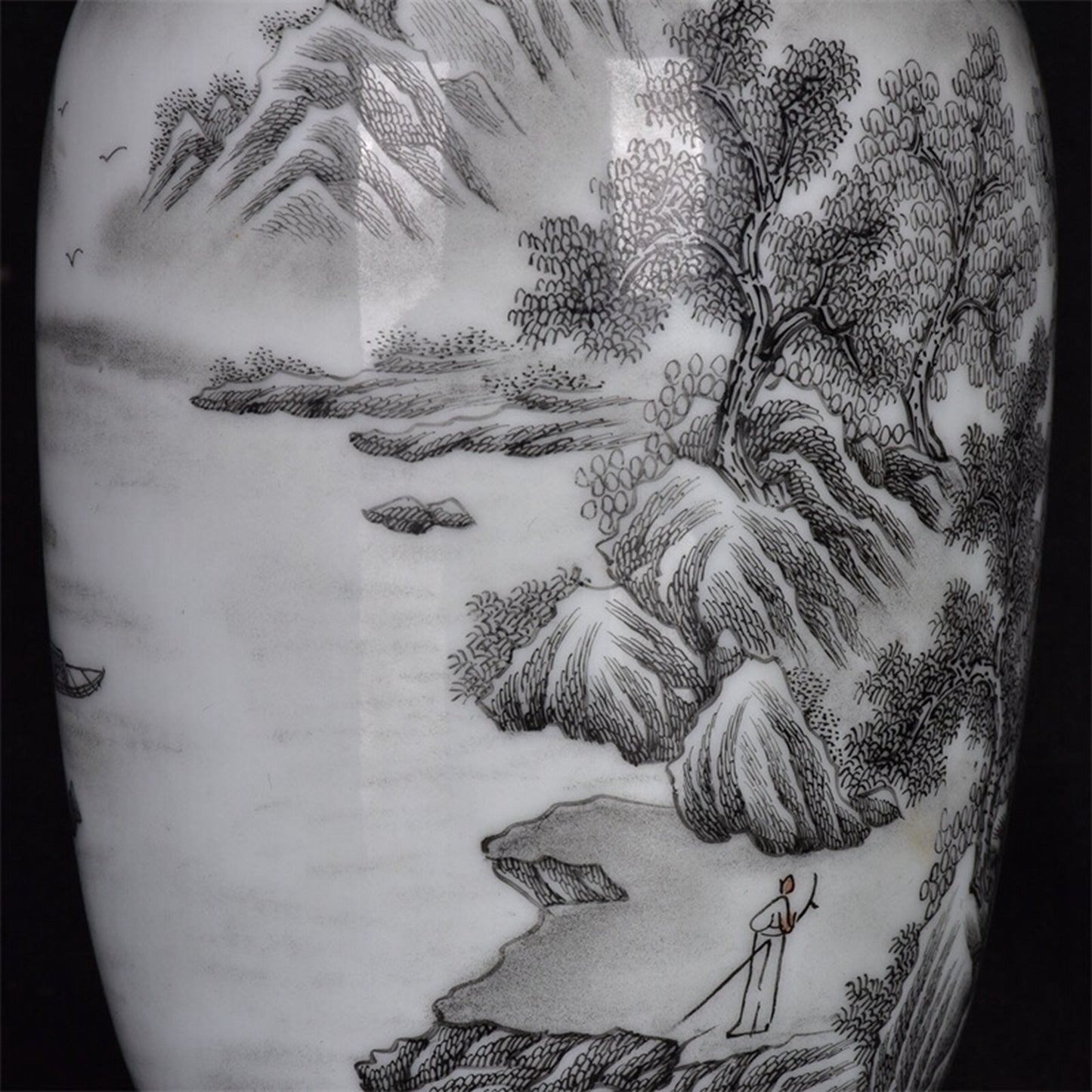 Chinese antique ink colored mountain and water patterned long necked bottle