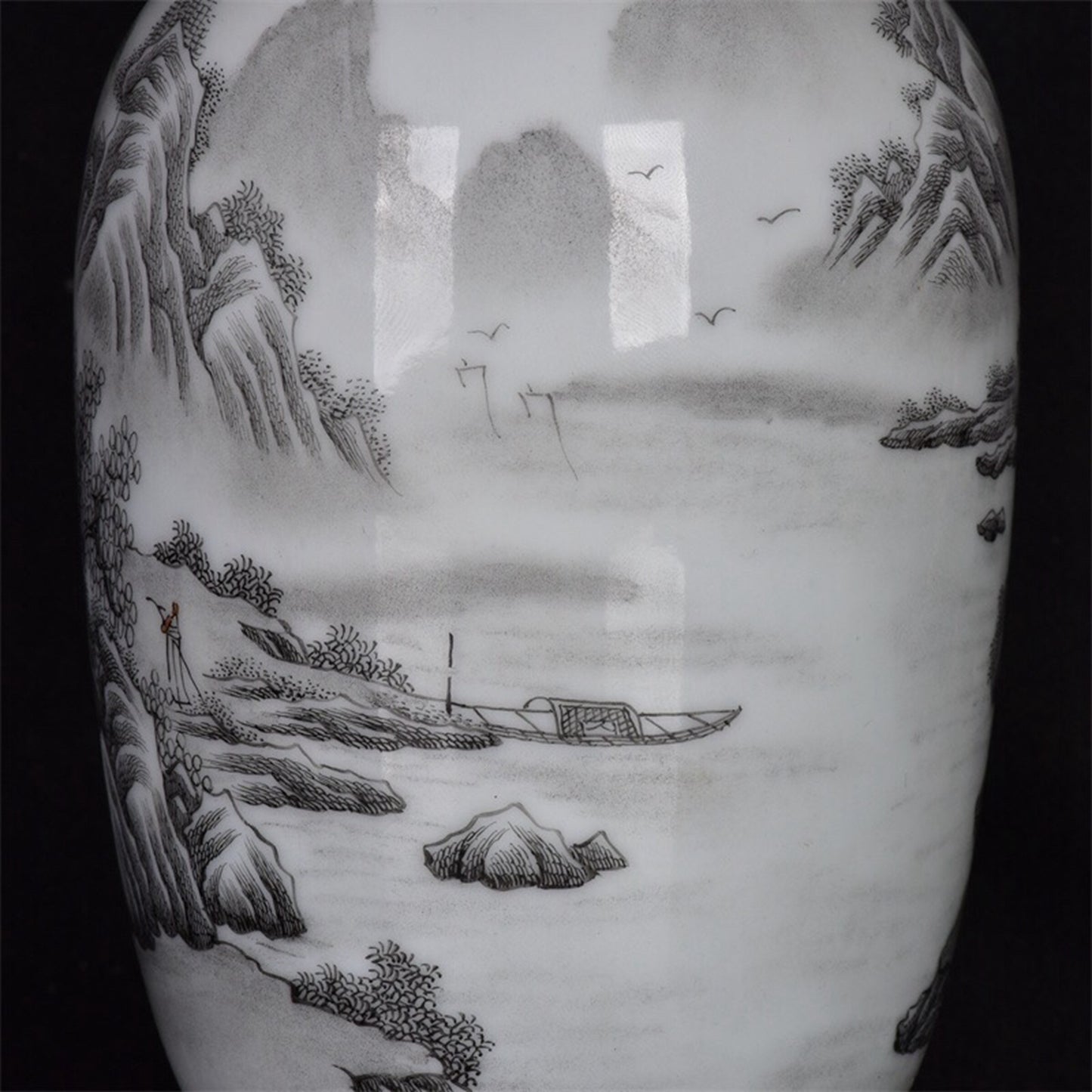 Chinese antique ink colored mountain and water patterned long necked bottle