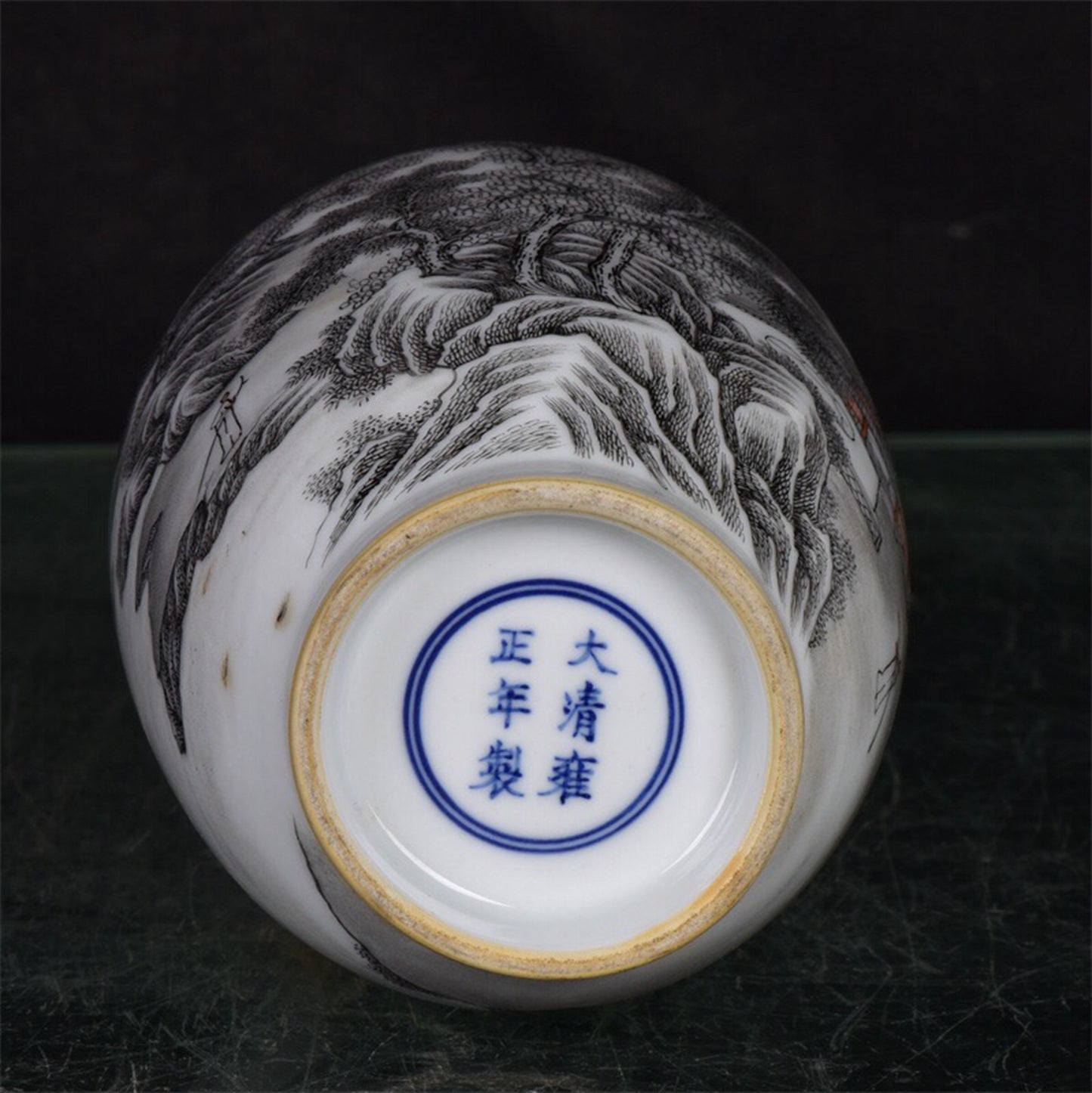 Chinese antique ink colored mountain and water patterned long necked bottle