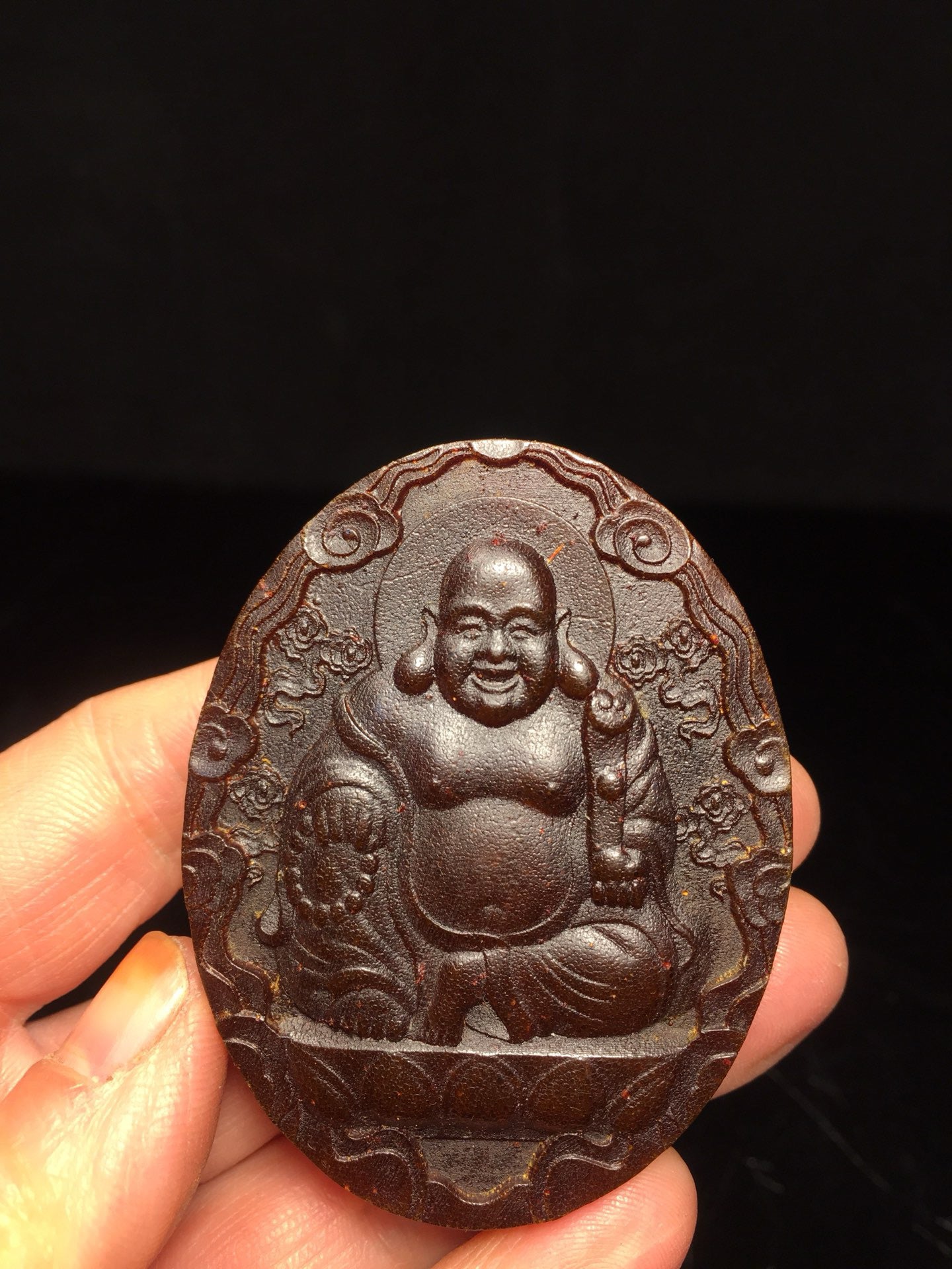 Chinese antique rhinoceros horn hand carved Maitreya Buddha plaque