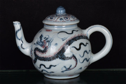 Chinese antique blue and white glazed red dragon patterned teapot