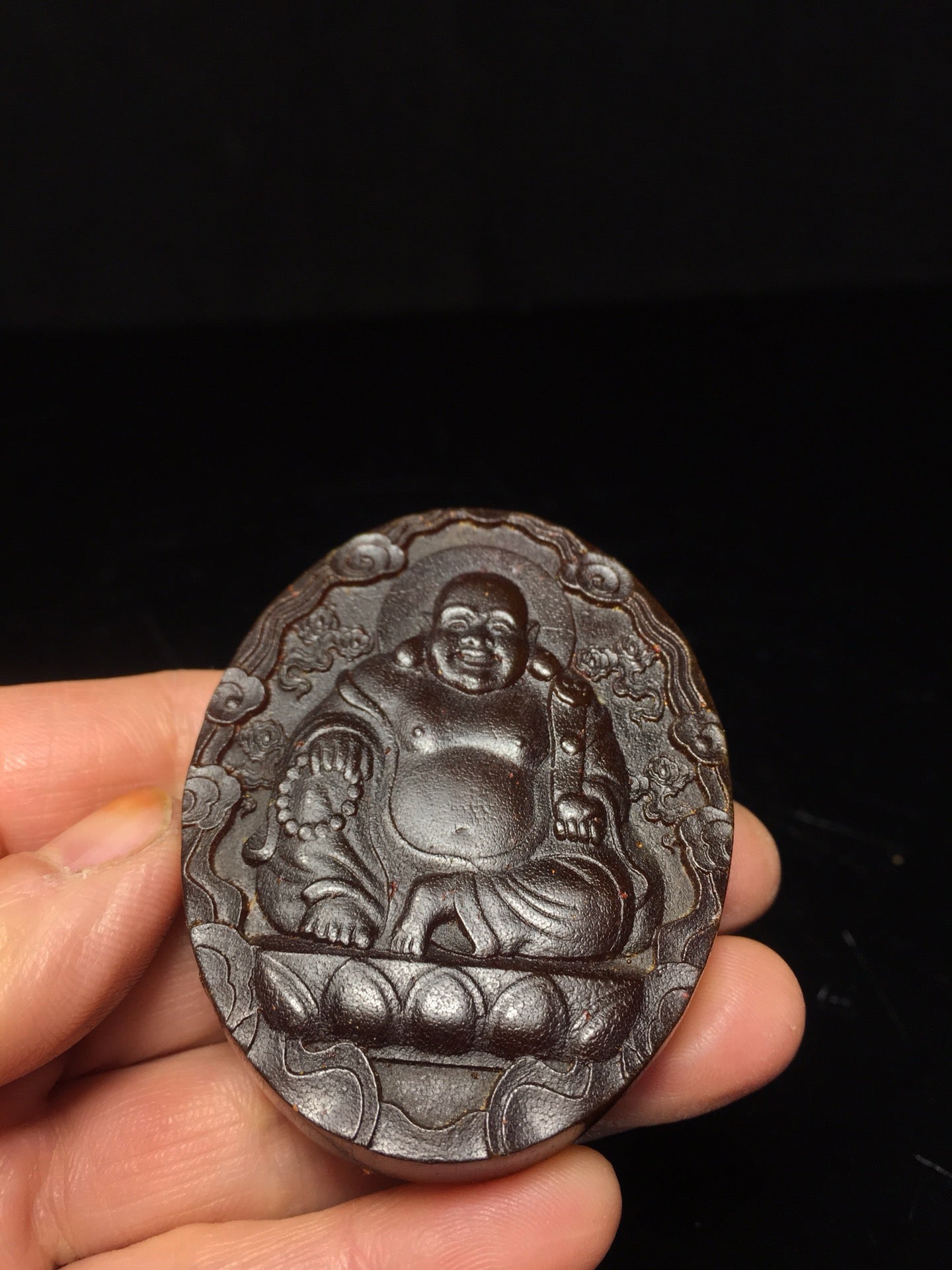 Chinese antique rhinoceros horn hand carved Maitreya Buddha plaque