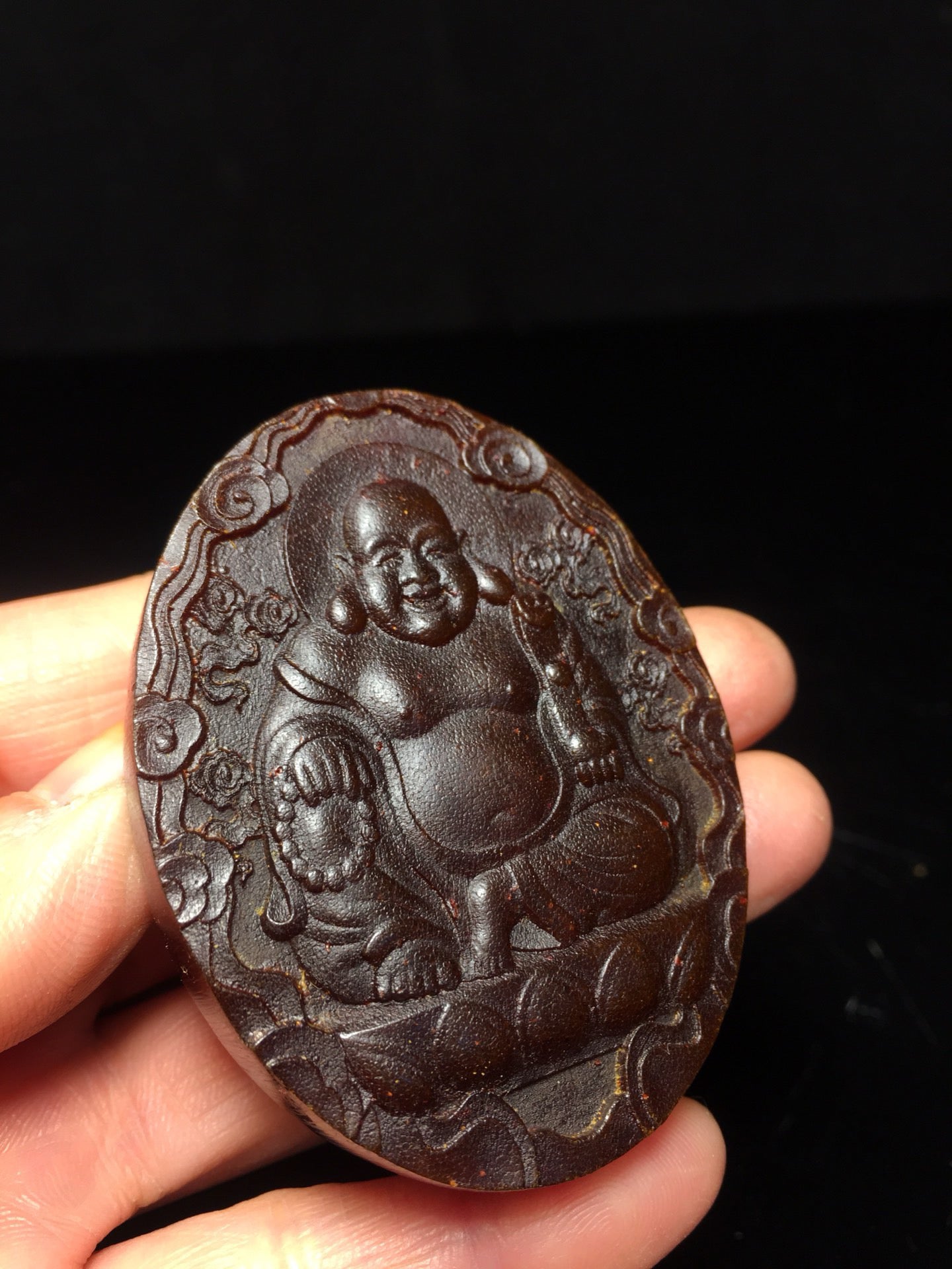 Chinese antique rhinoceros horn hand carved Maitreya Buddha plaque