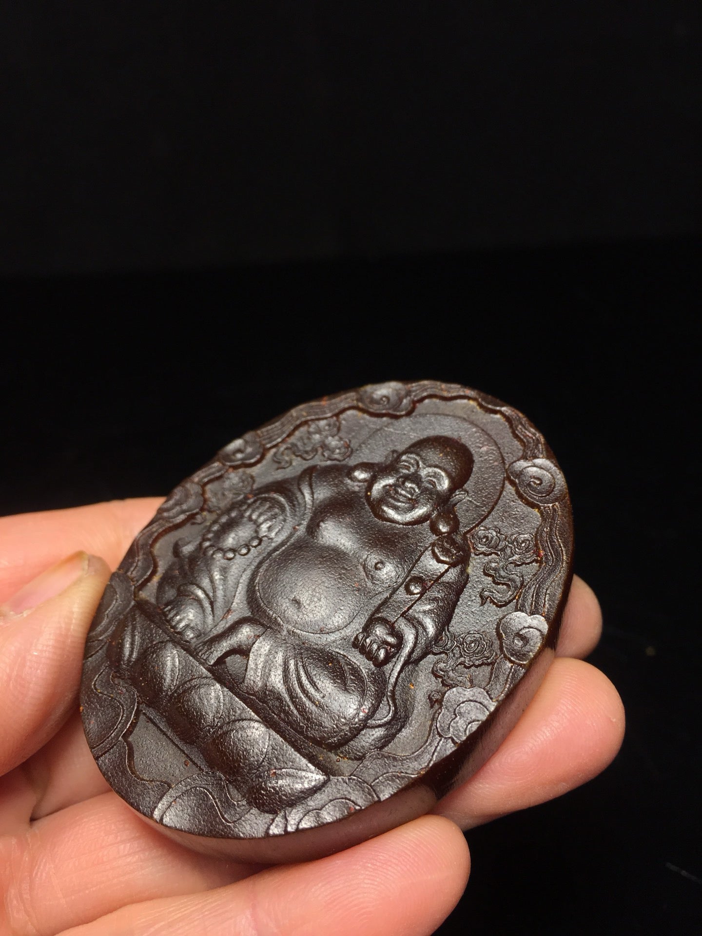 Chinese antique rhinoceros horn hand carved Maitreya Buddha plaque