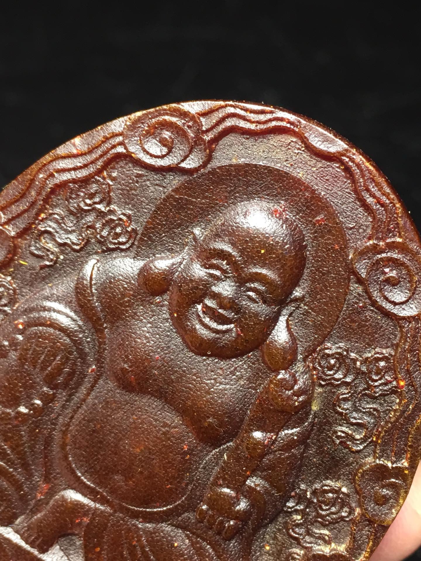 Chinese antique rhinoceros horn hand carved Maitreya Buddha plaque