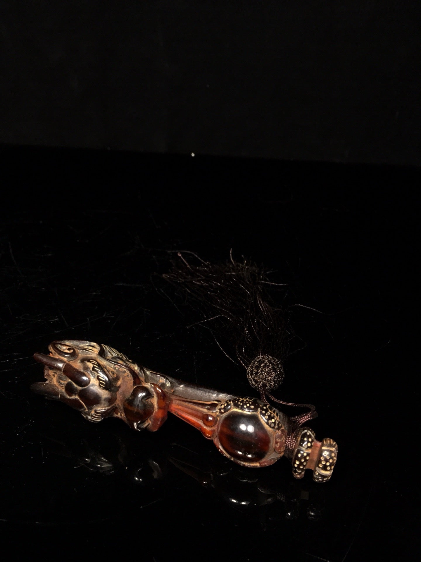 Chinese antique ox horn handmade carved dragon head Ruyi