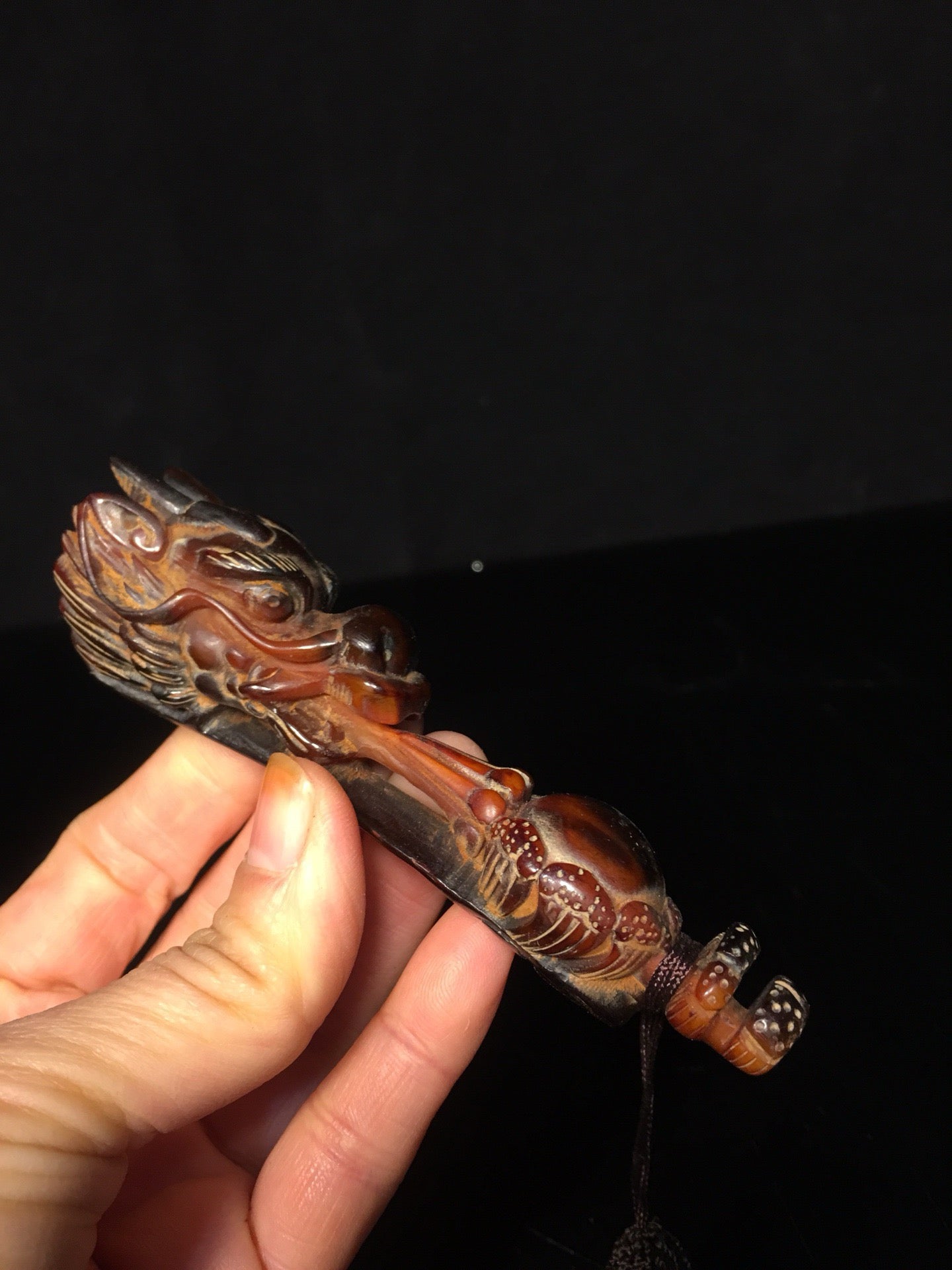 Chinese antique ox horn handmade carved dragon head Ruyi