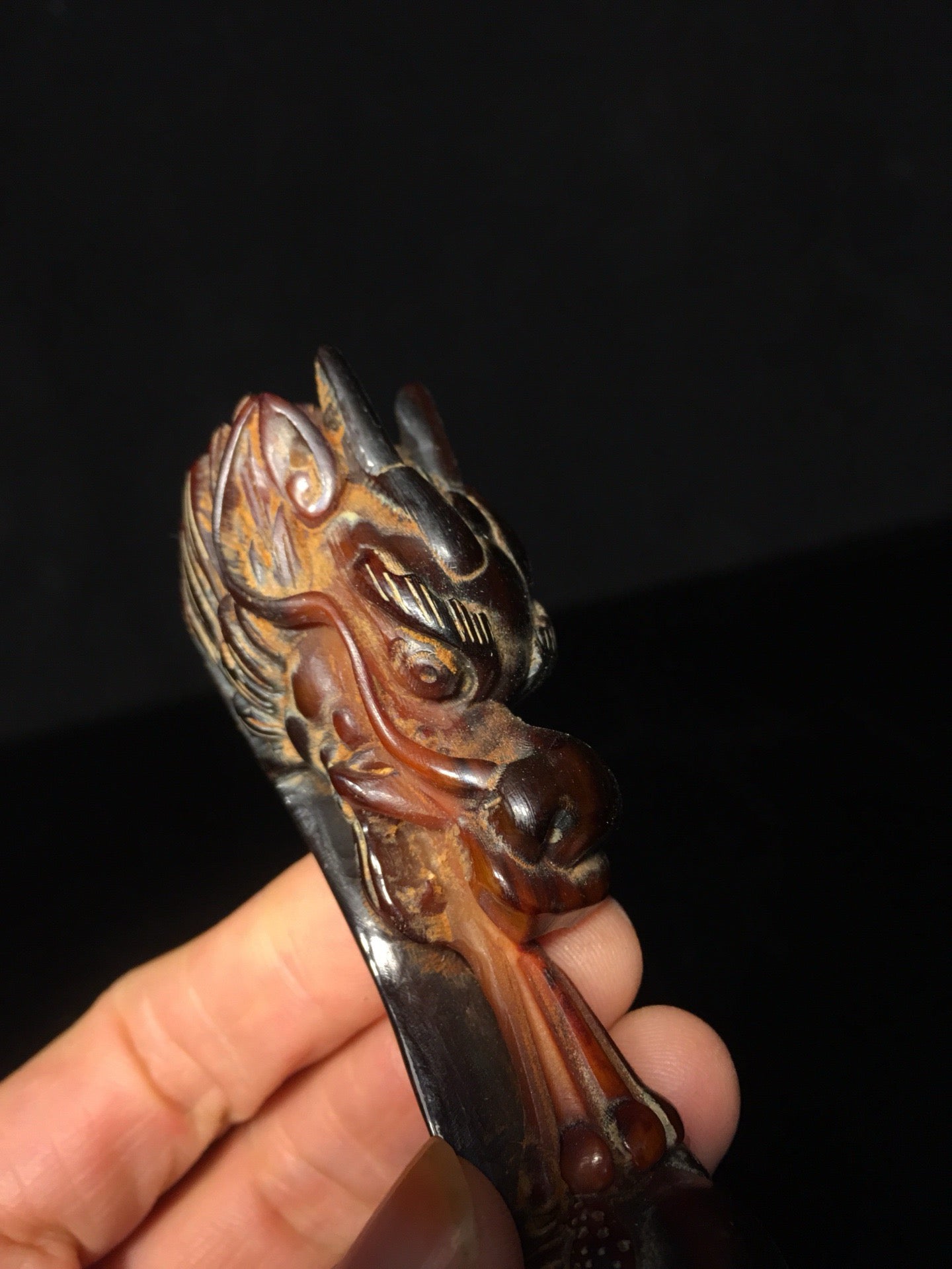 Chinese antique ox horn handmade carved dragon head Ruyi