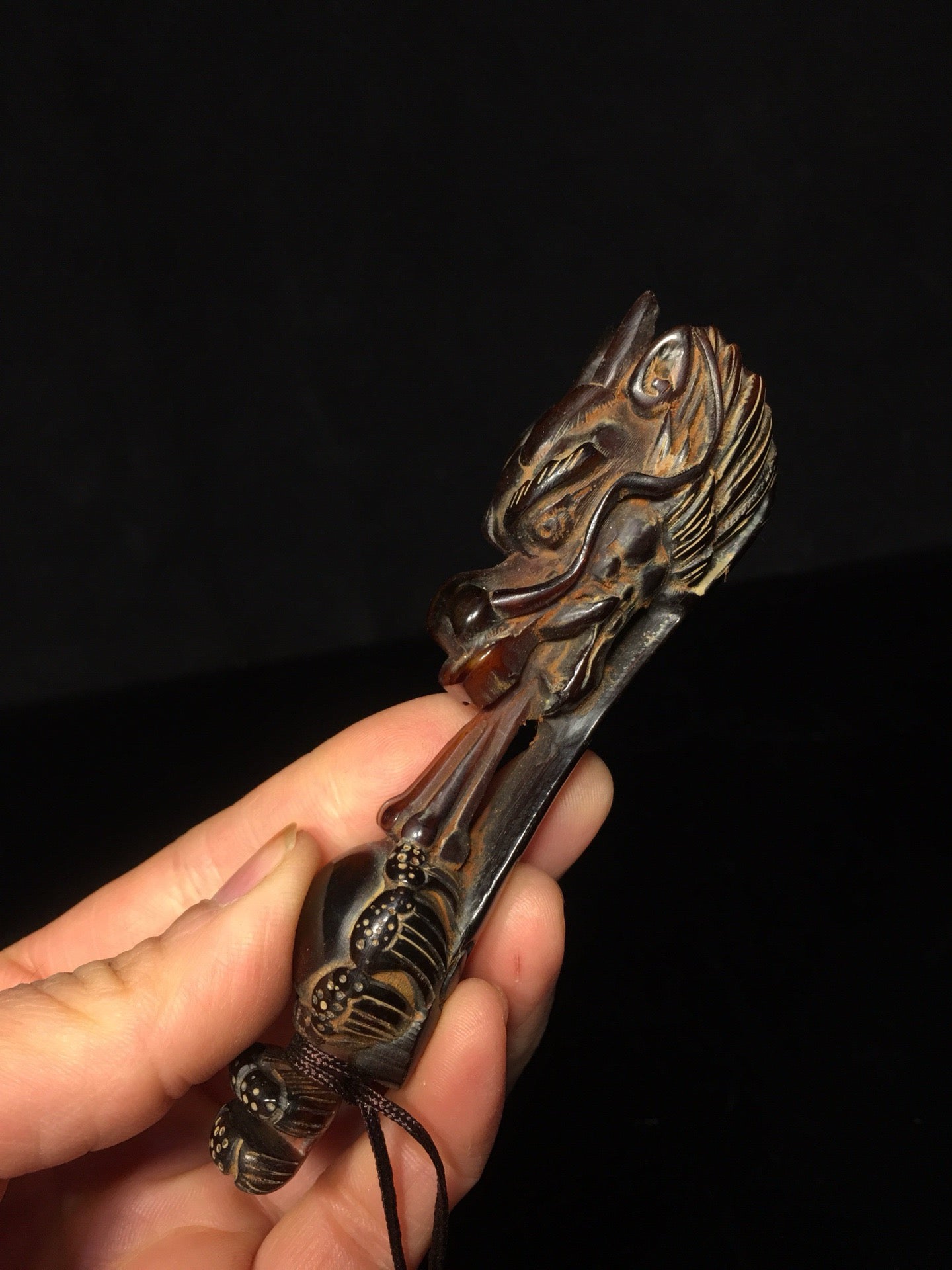 Chinese antique ox horn handmade carved dragon head Ruyi