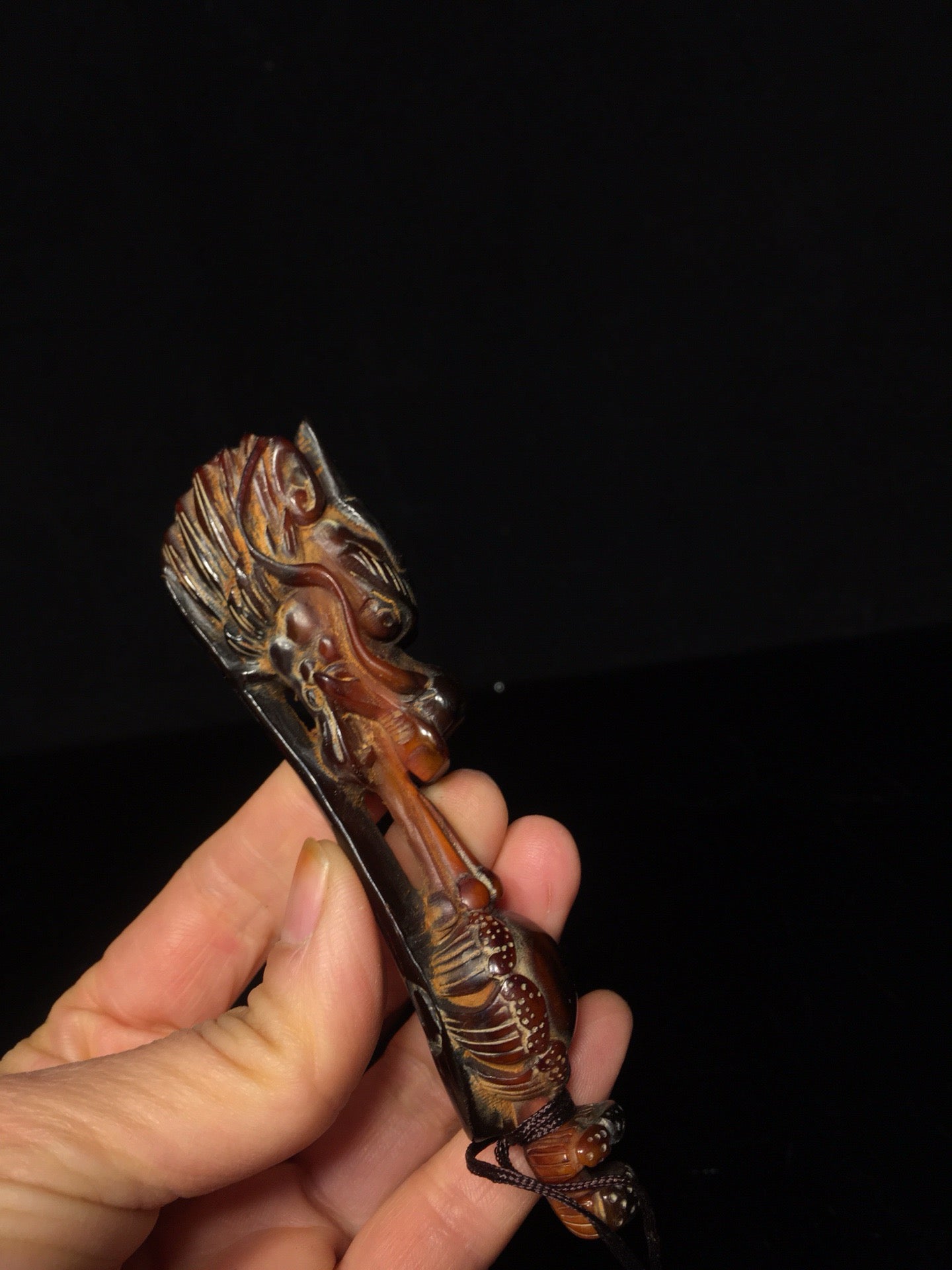 Chinese antique ox horn handmade carved dragon head Ruyi