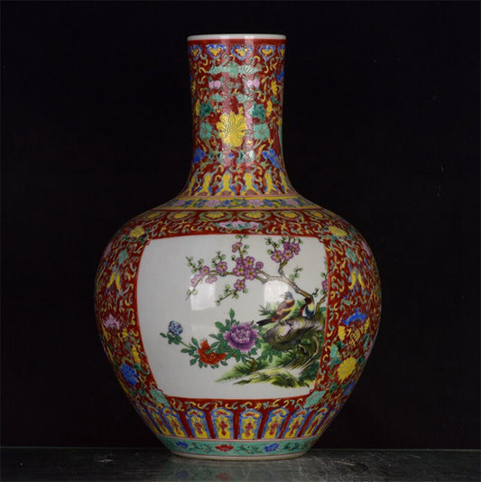 Chinese antique red glazed powder colored window opening flower and bird patterned sky ball bottle