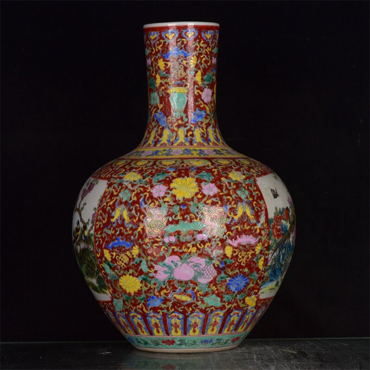 Chinese antique red glazed powder colored window opening flower and bird patterned sky ball bottle