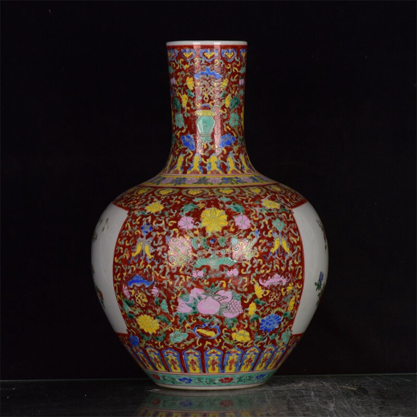 Chinese antique red glazed powder colored window opening flower and bird patterned sky ball bottle