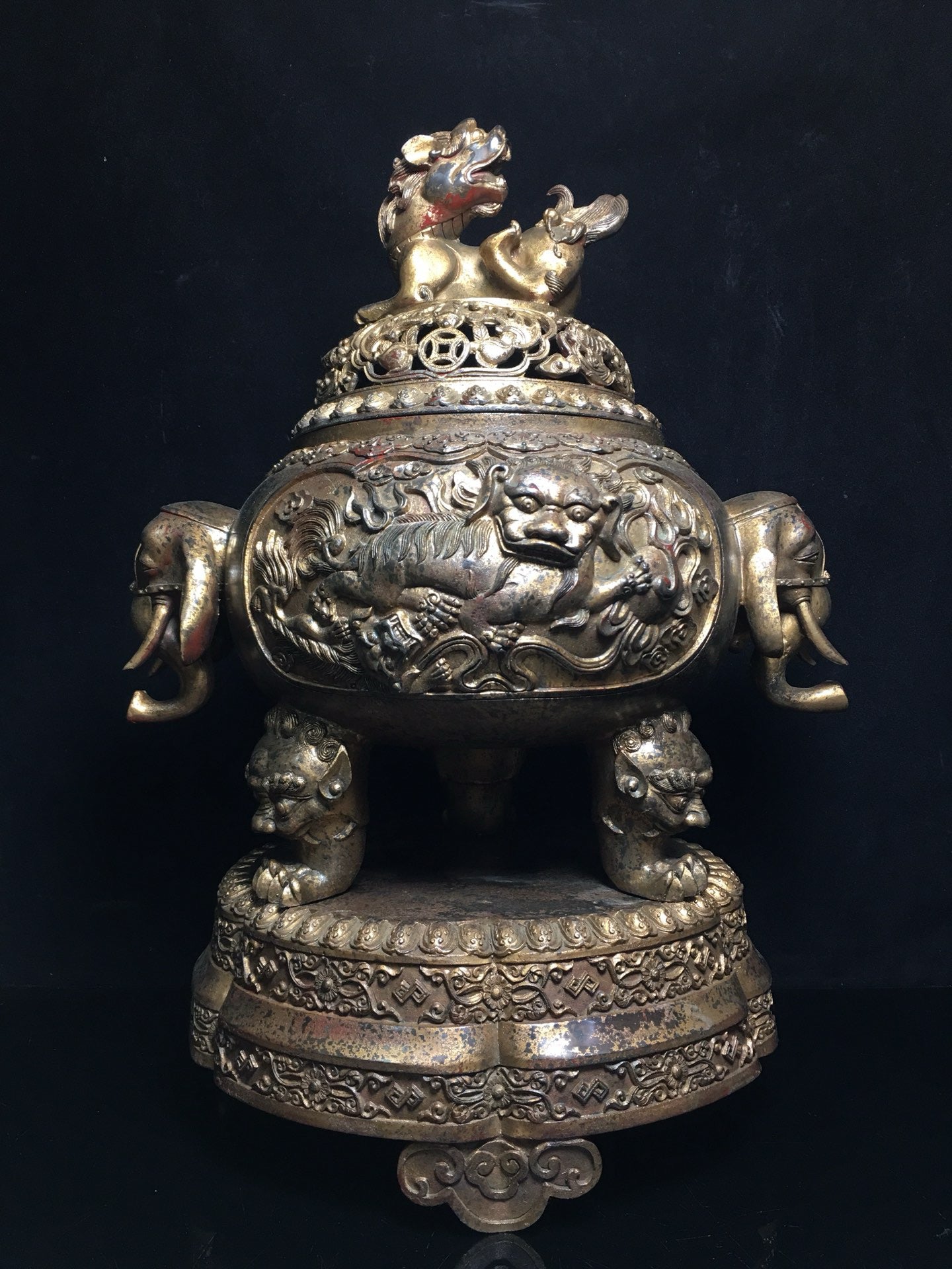 Chinese antique pure copper  Lion Head Elephant Ear Incense Burner