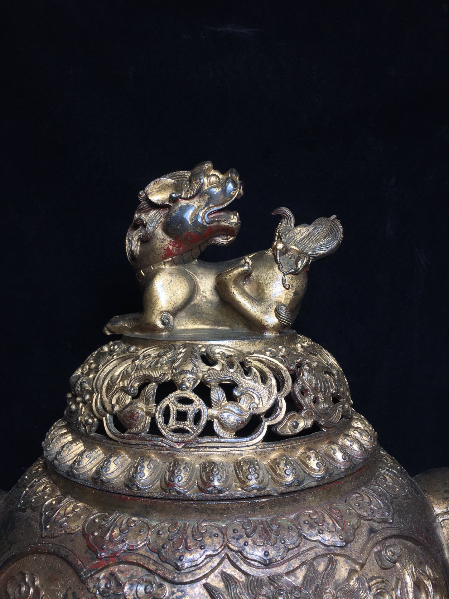 Chinese antique pure copper  Lion Head Elephant Ear Incense Burner