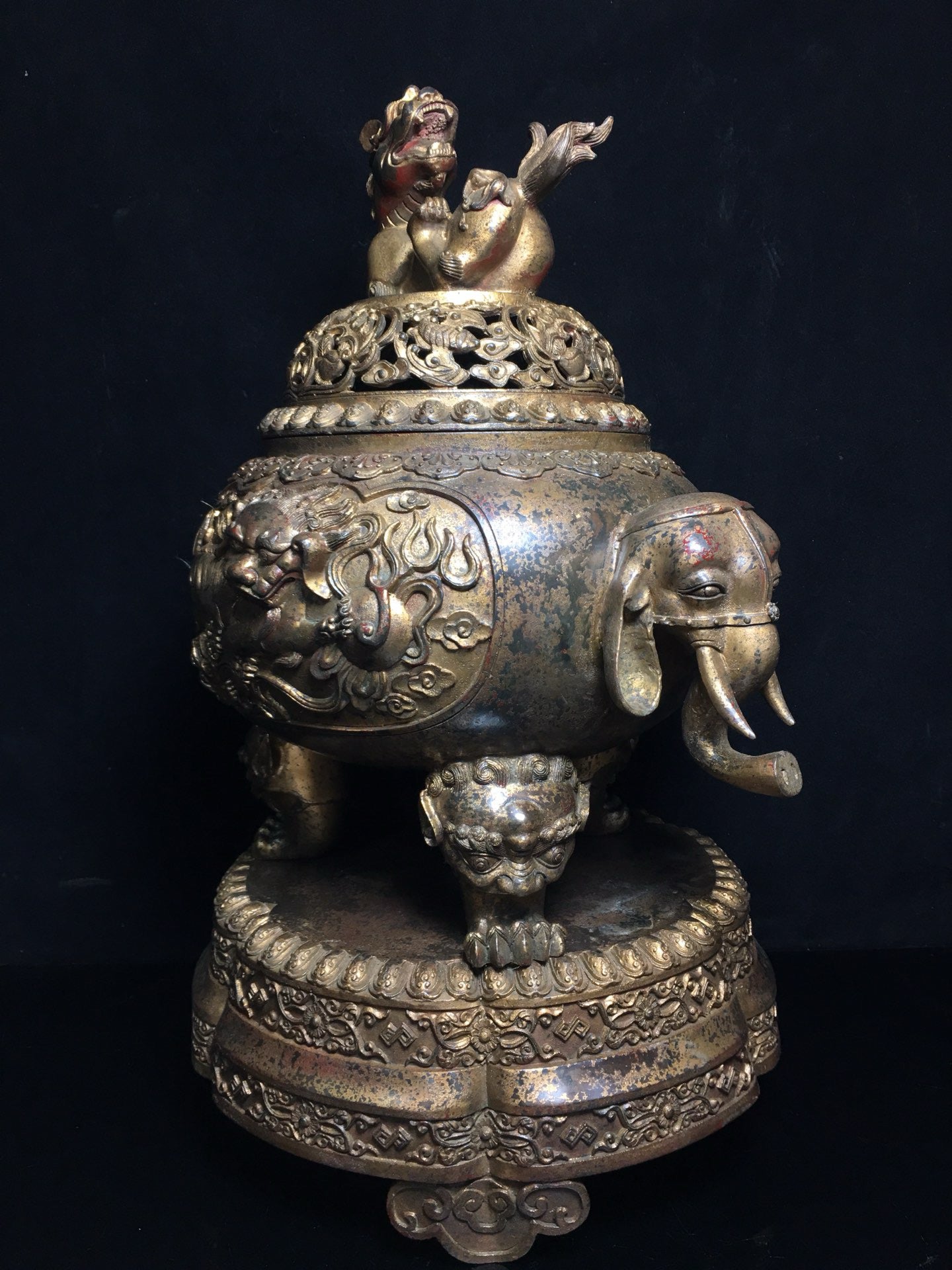 Chinese antique pure copper  Lion Head Elephant Ear Incense Burner