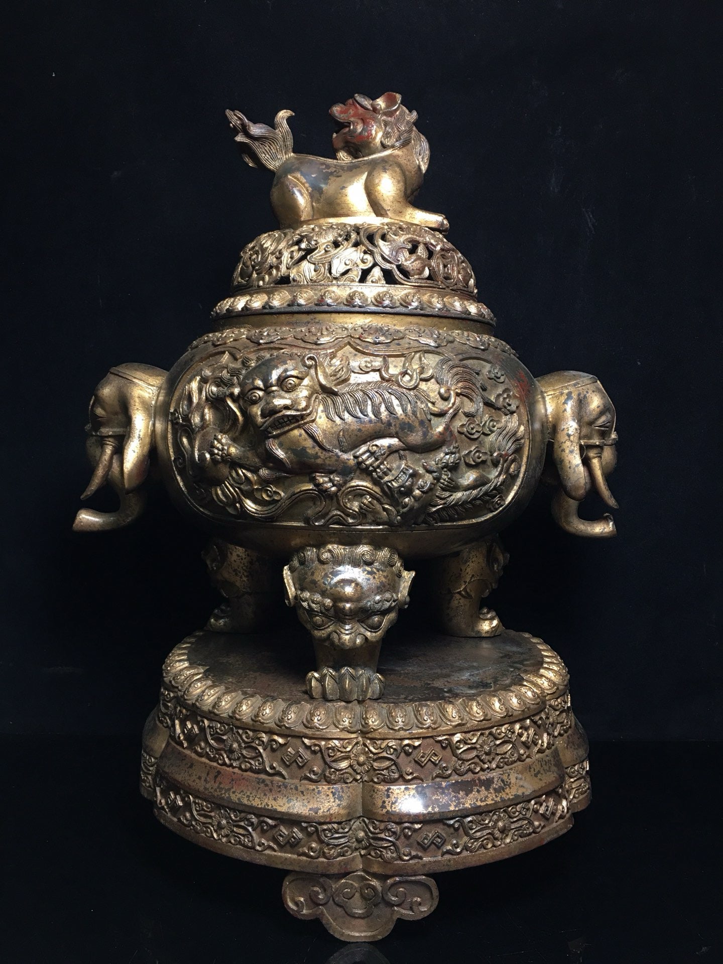 Chinese antique pure copper  Lion Head Elephant Ear Incense Burner