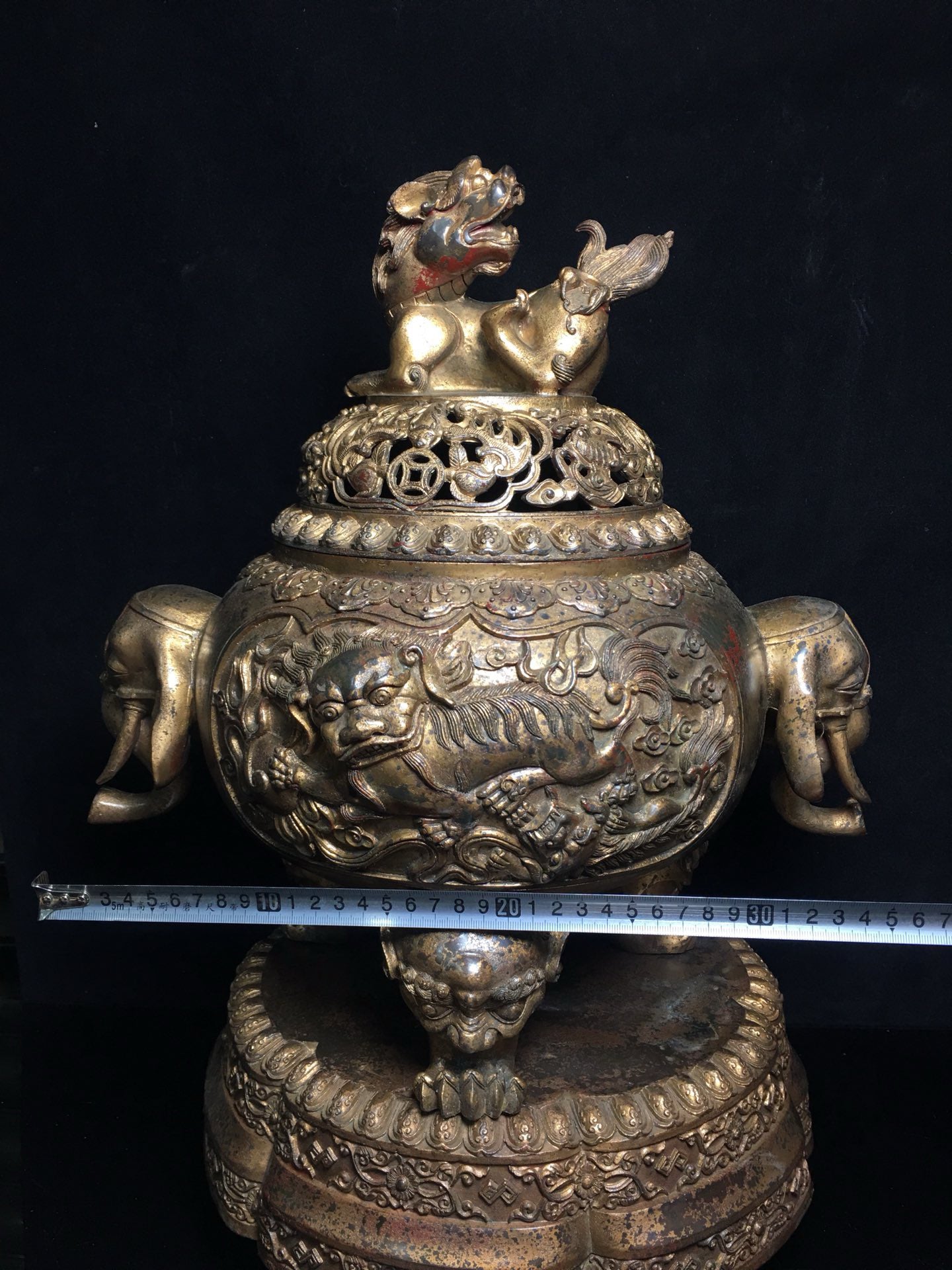 Chinese antique pure copper  Lion Head Elephant Ear Incense Burner