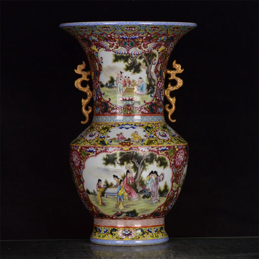 Chinese Antique Red Glazed Enamel Pink Window Character Story Pattern Double Eared Gilded Flower Drum