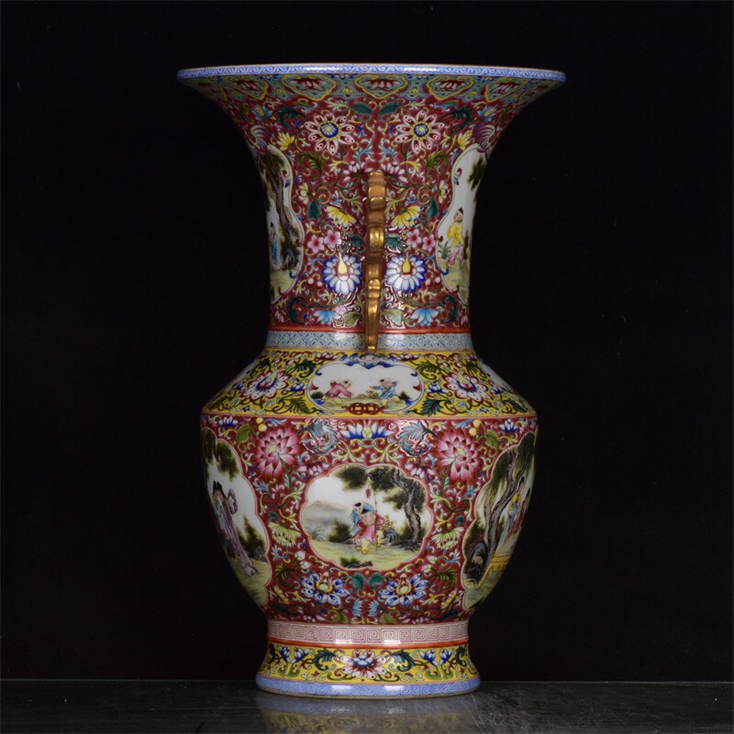 Chinese Antique Red Glazed Enamel Pink Window Character Story Pattern Double Eared Gilded Flower Drum