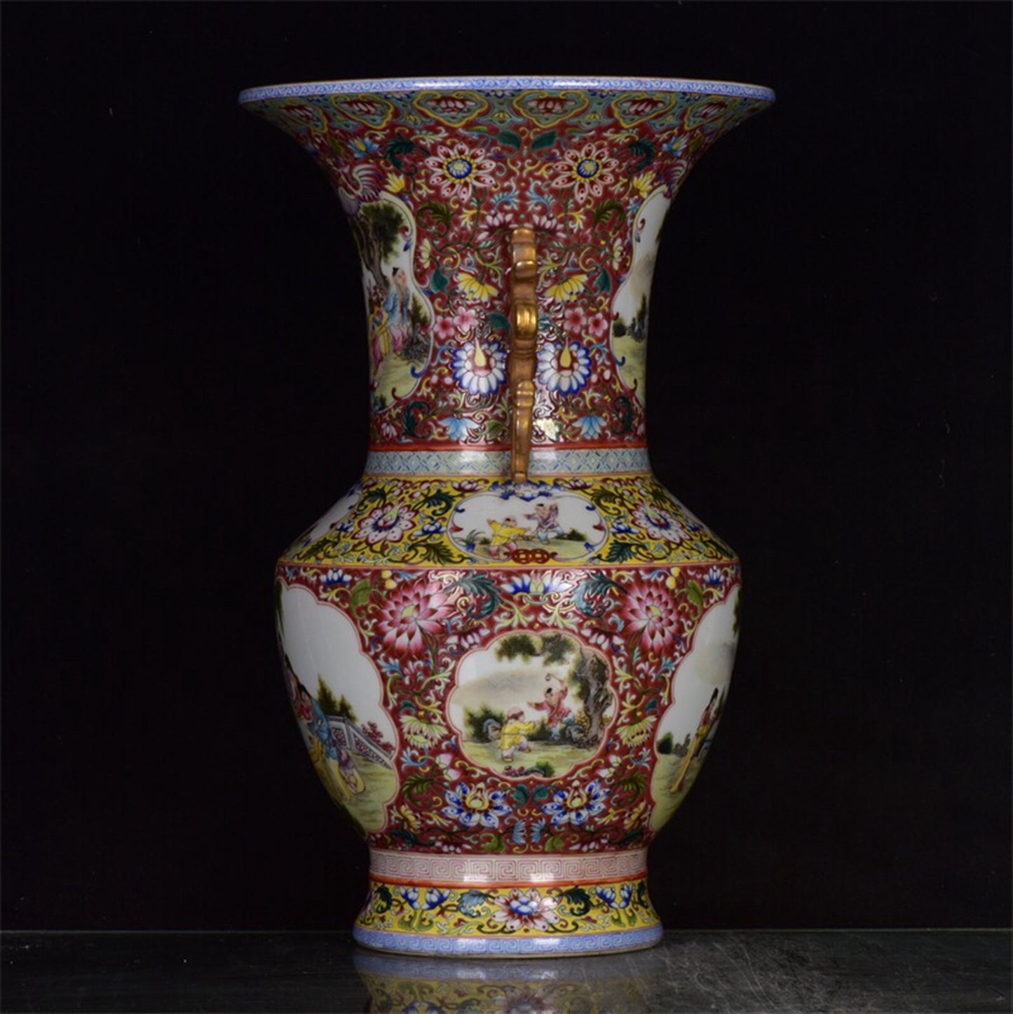 Chinese Antique Red Glazed Enamel Pink Window Character Story Pattern Double Eared Gilded Flower Drum