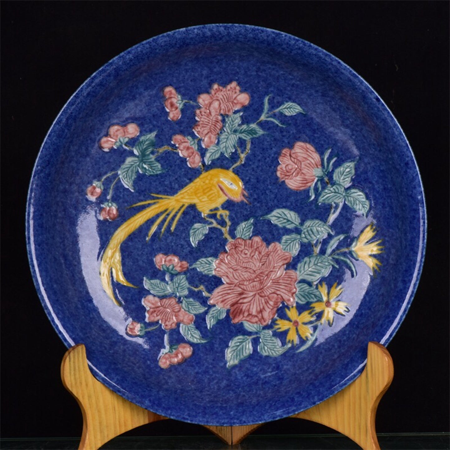 Chinese antique snowflake blue flower bird pattern plate