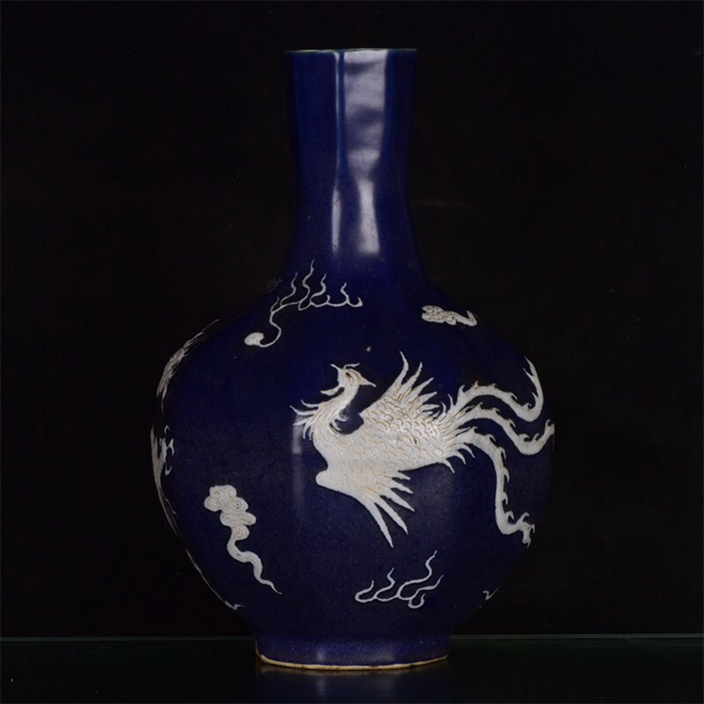 Chinese antique blue and white dragon phoenix auspicious pattern octagonal celestial ball bottle