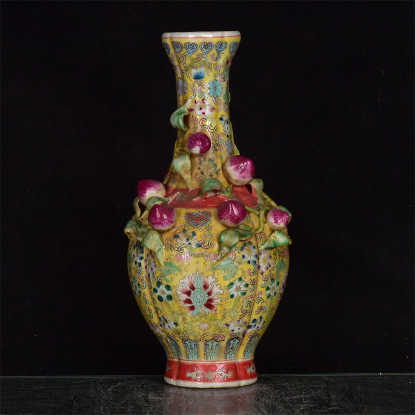 Chinese antique yellow glazed pink relief peach vase