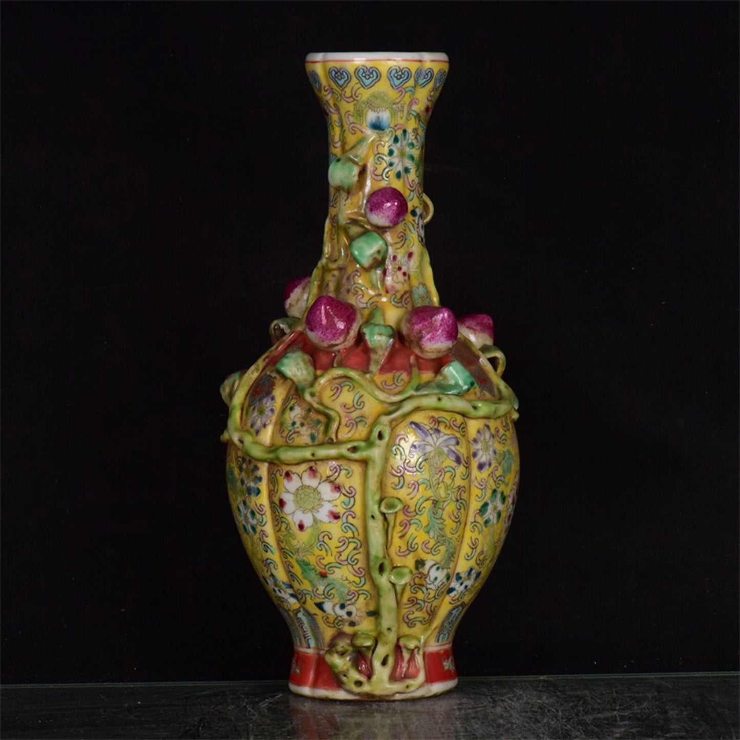 Chinese antique yellow glazed pink relief peach vase