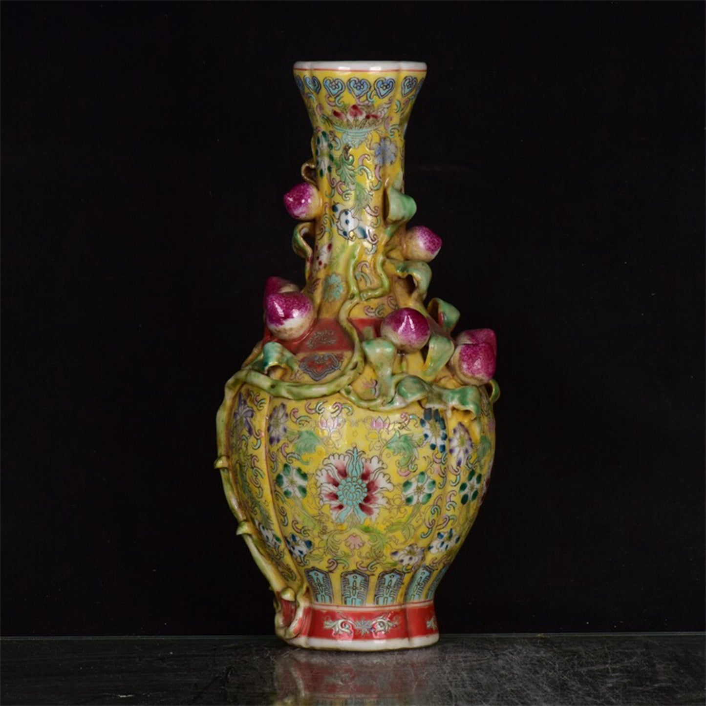 Chinese antique yellow glazed pink relief peach vase