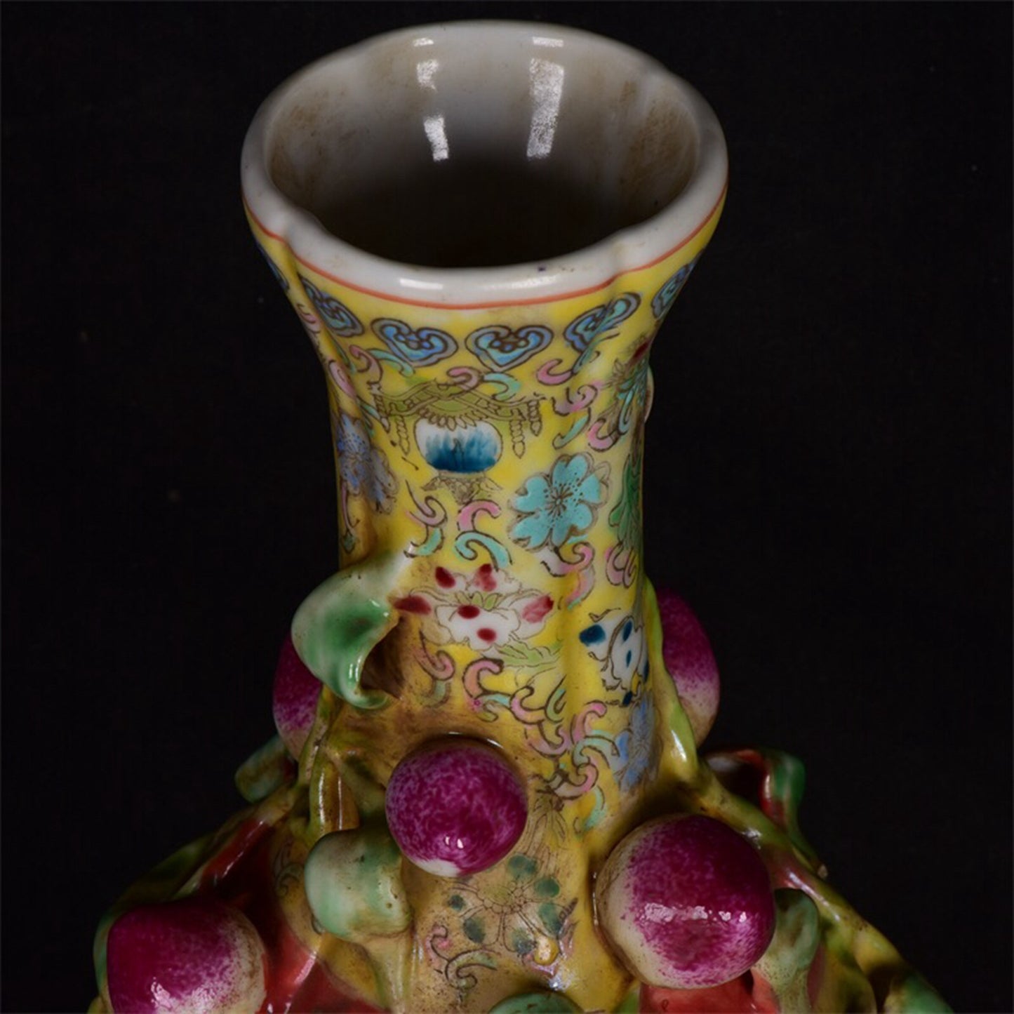 Chinese antique yellow glazed pink relief peach vase