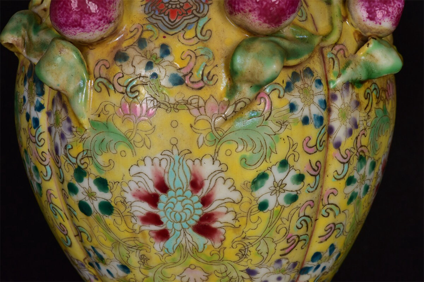 Chinese antique yellow glazed pink relief peach vase