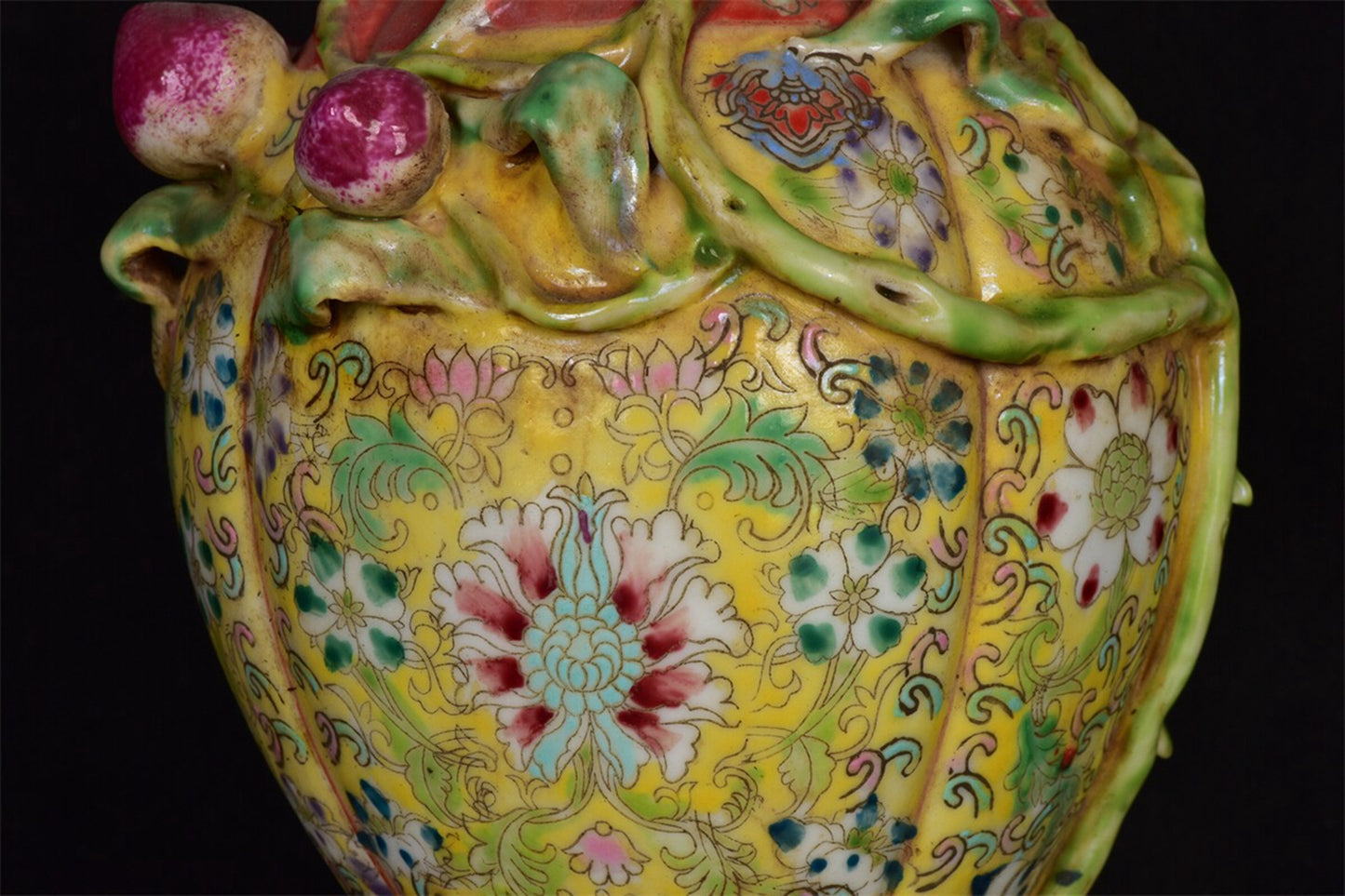 Chinese antique yellow glazed pink relief peach vase