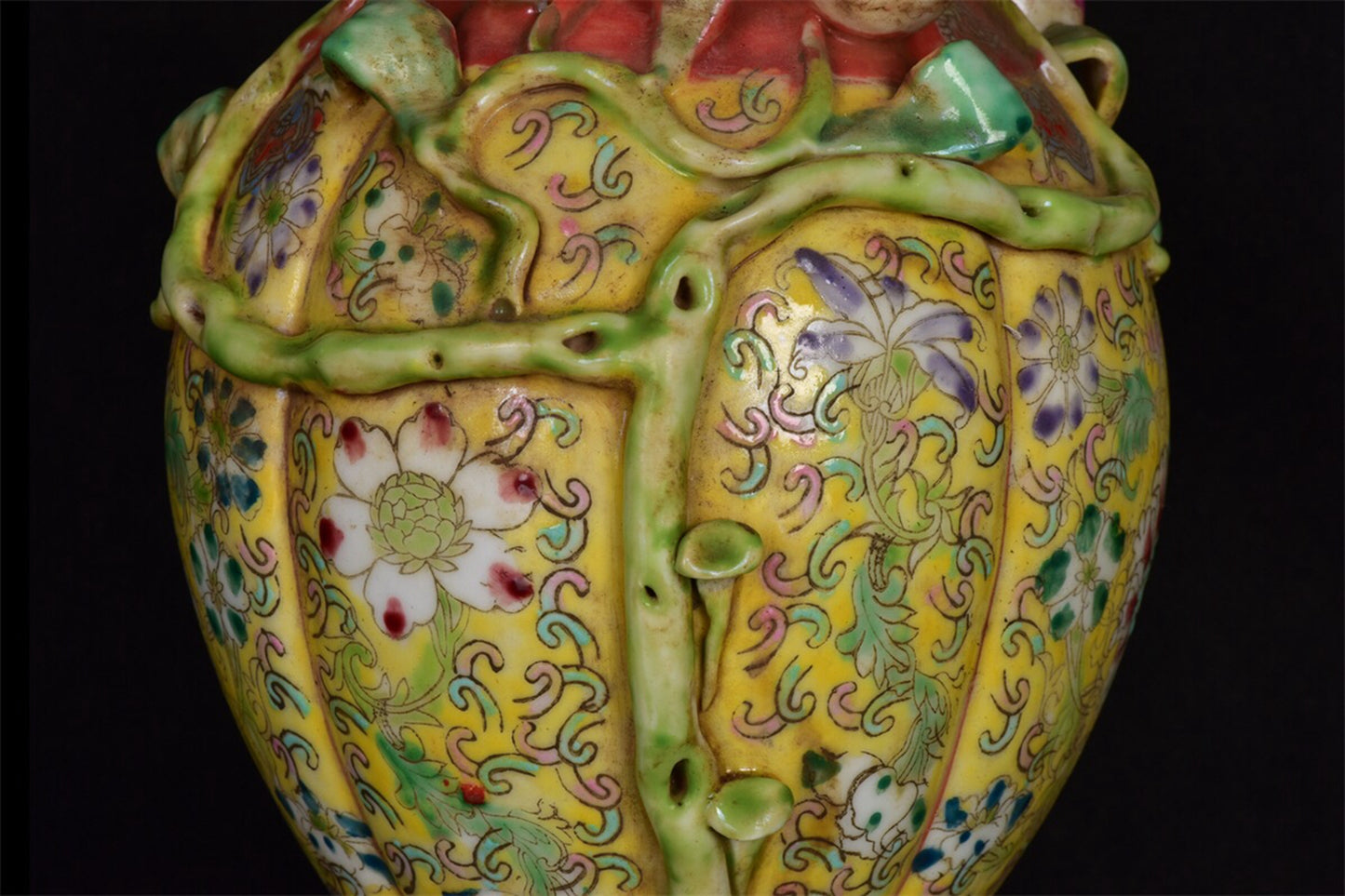 Chinese antique yellow glazed pink relief peach vase