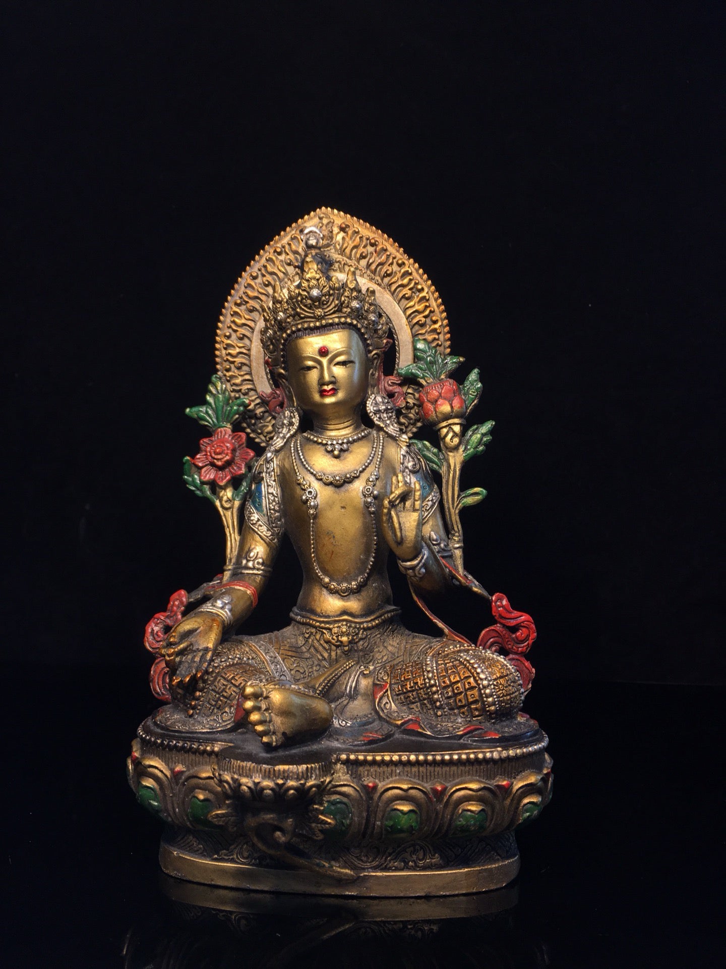 Chinese antique pure copper painted green Tara Buddha statue