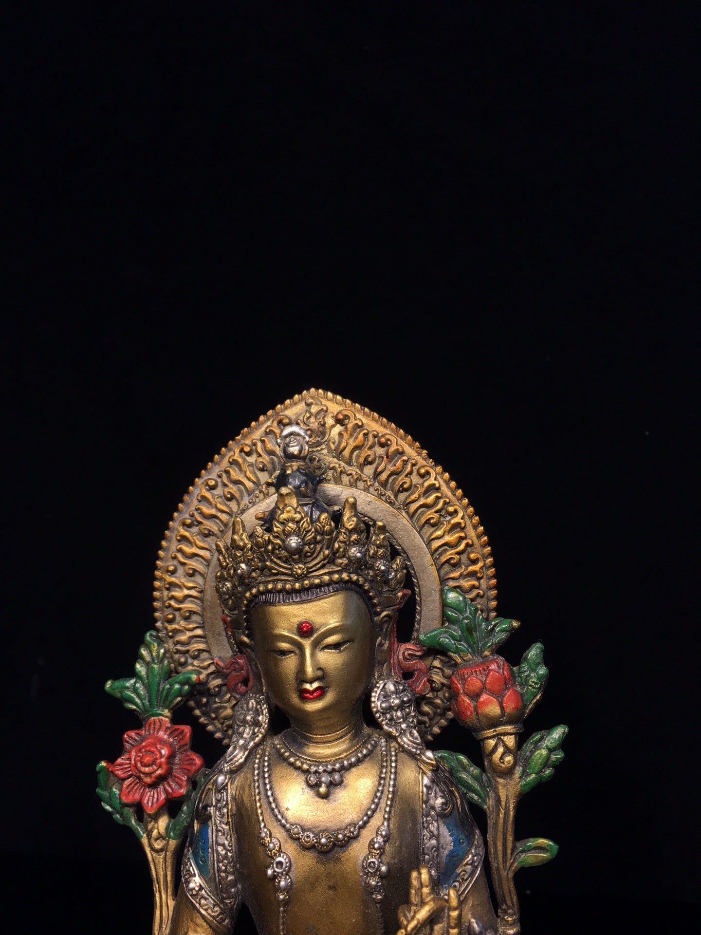 Chinese antique pure copper painted green Tara Buddha statue