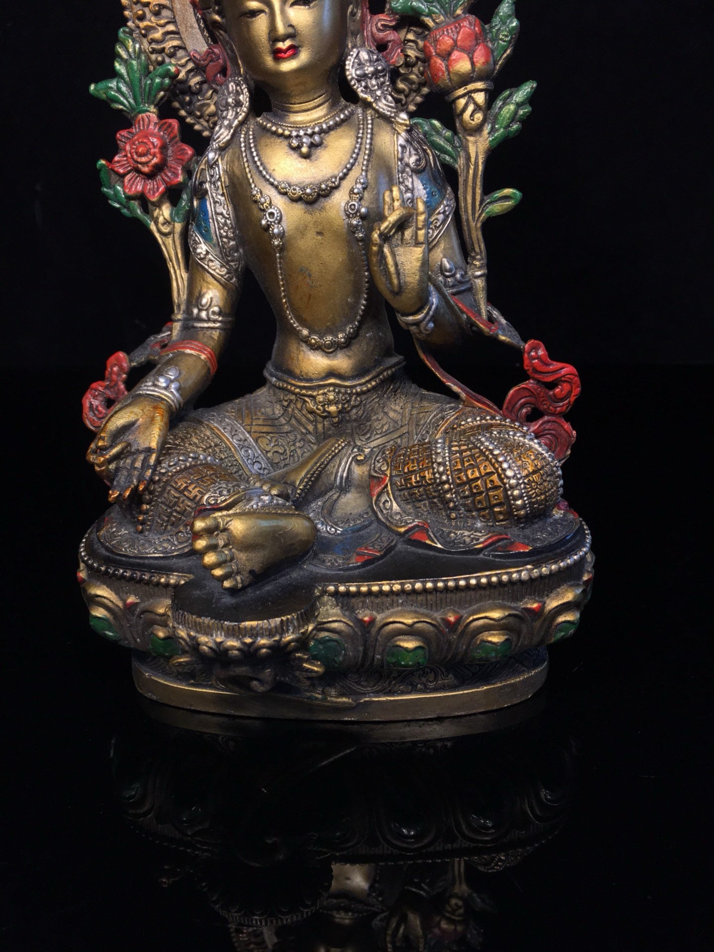 Chinese antique pure copper painted green Tara Buddha statue