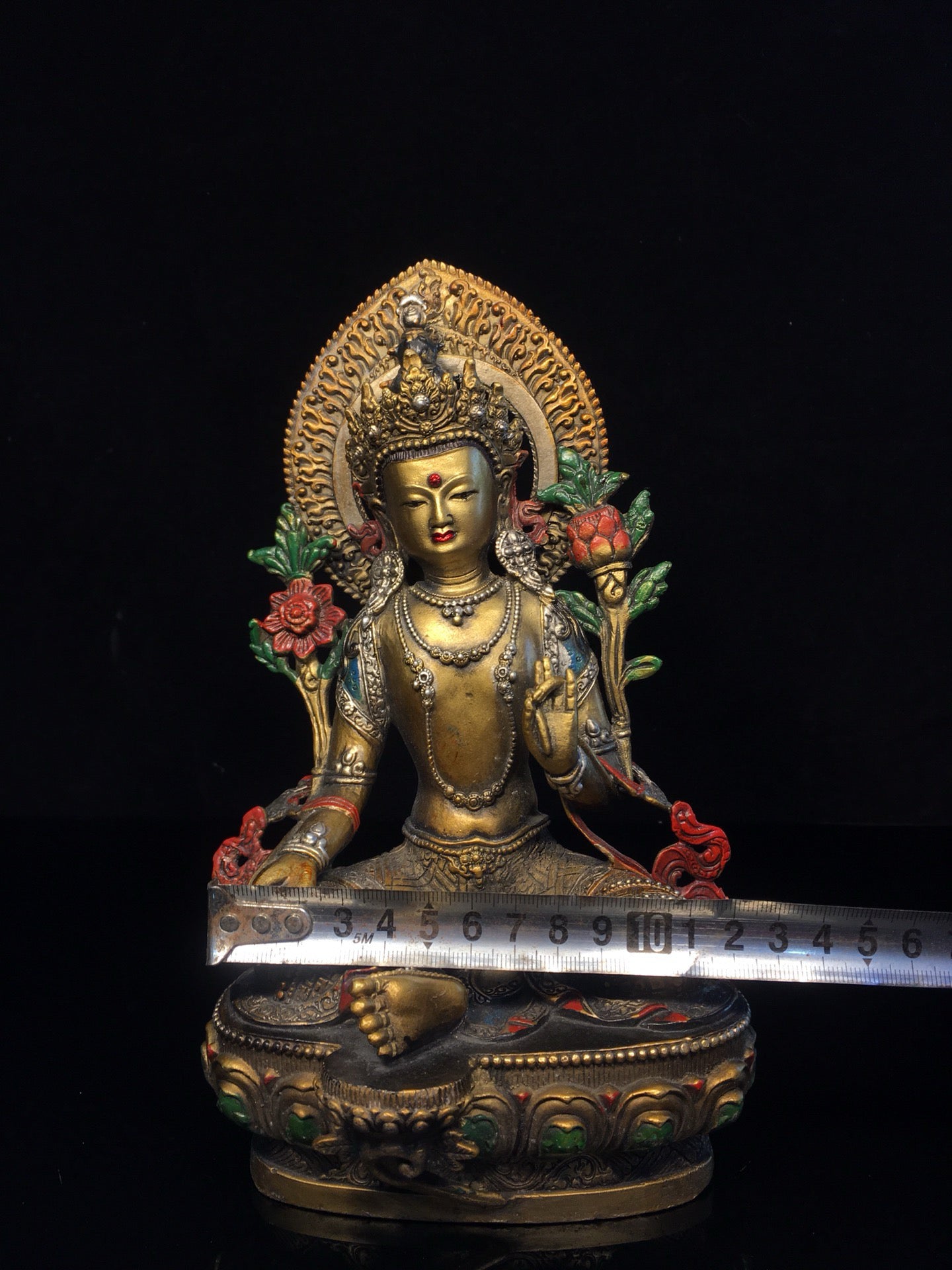 Chinese antique pure copper painted green Tara Buddha statue