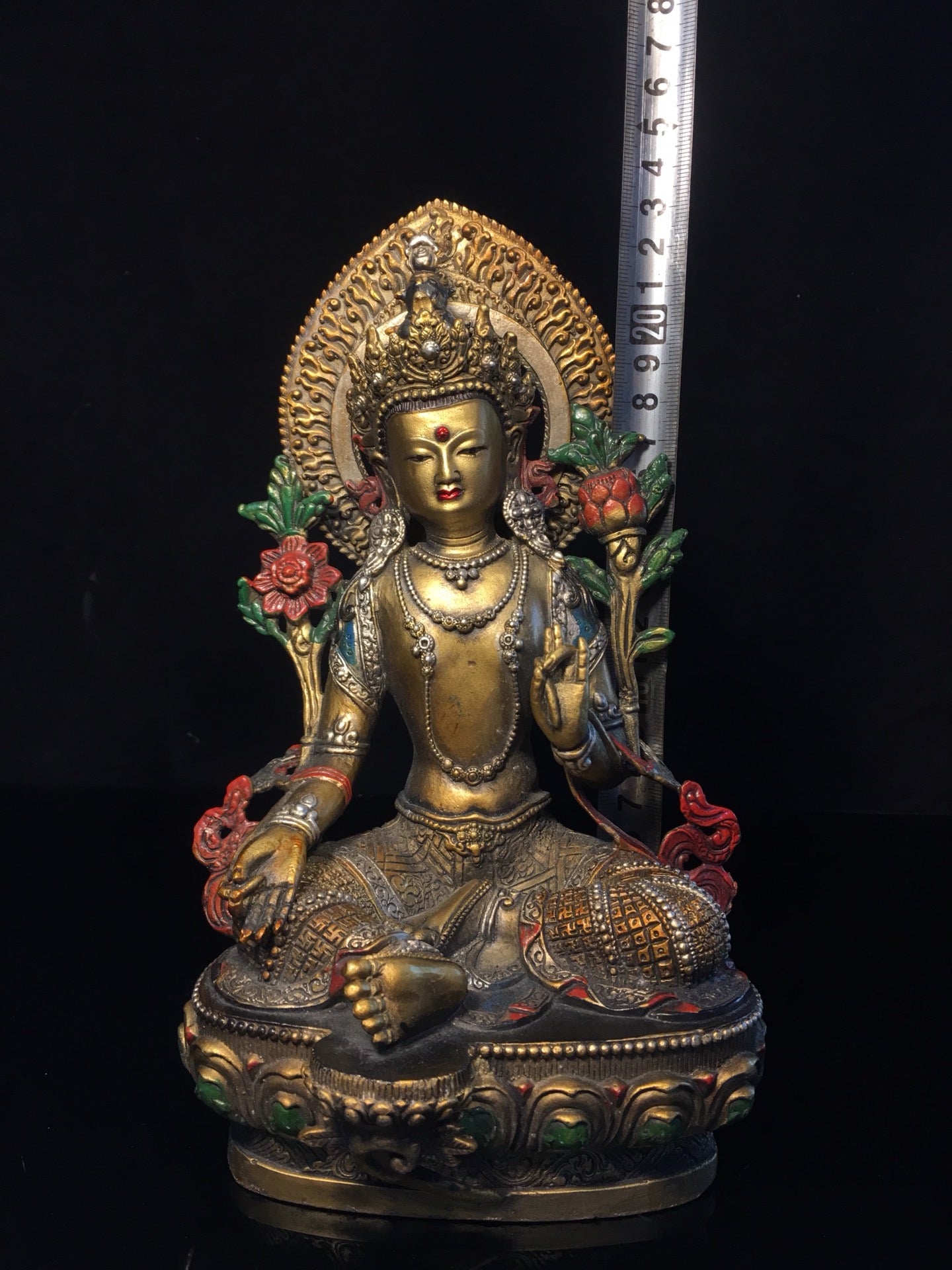 Chinese antique pure copper painted green Tara Buddha statue