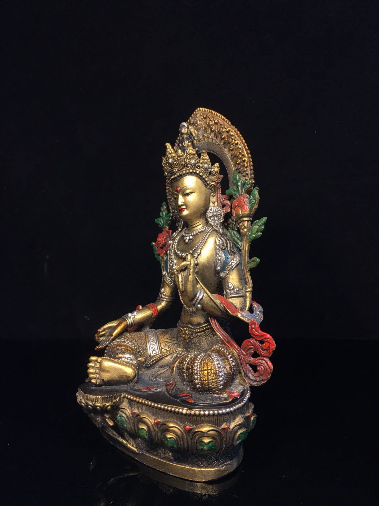 Chinese antique pure copper painted green Tara Buddha statue