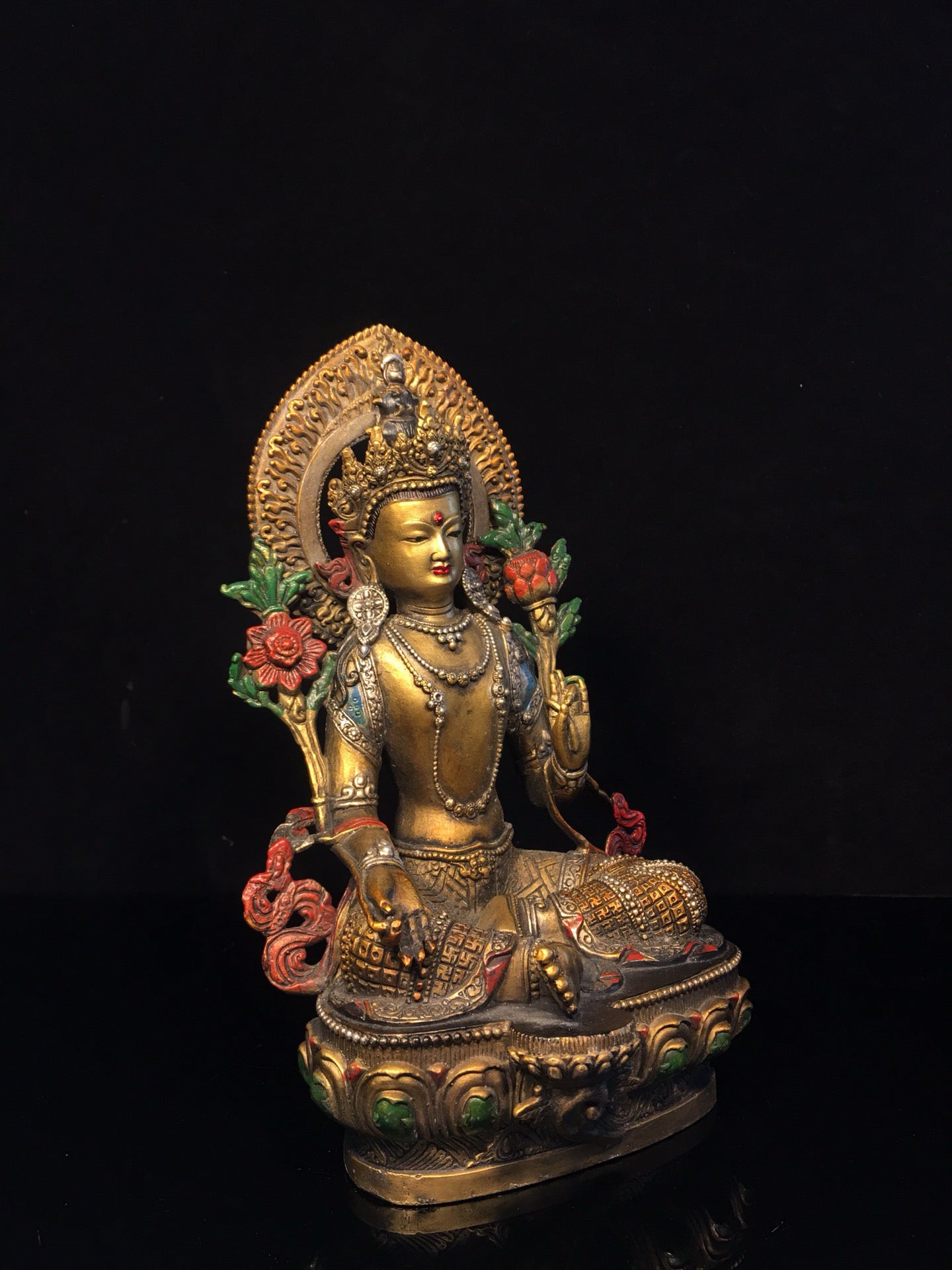 Chinese antique pure copper painted green Tara Buddha statue