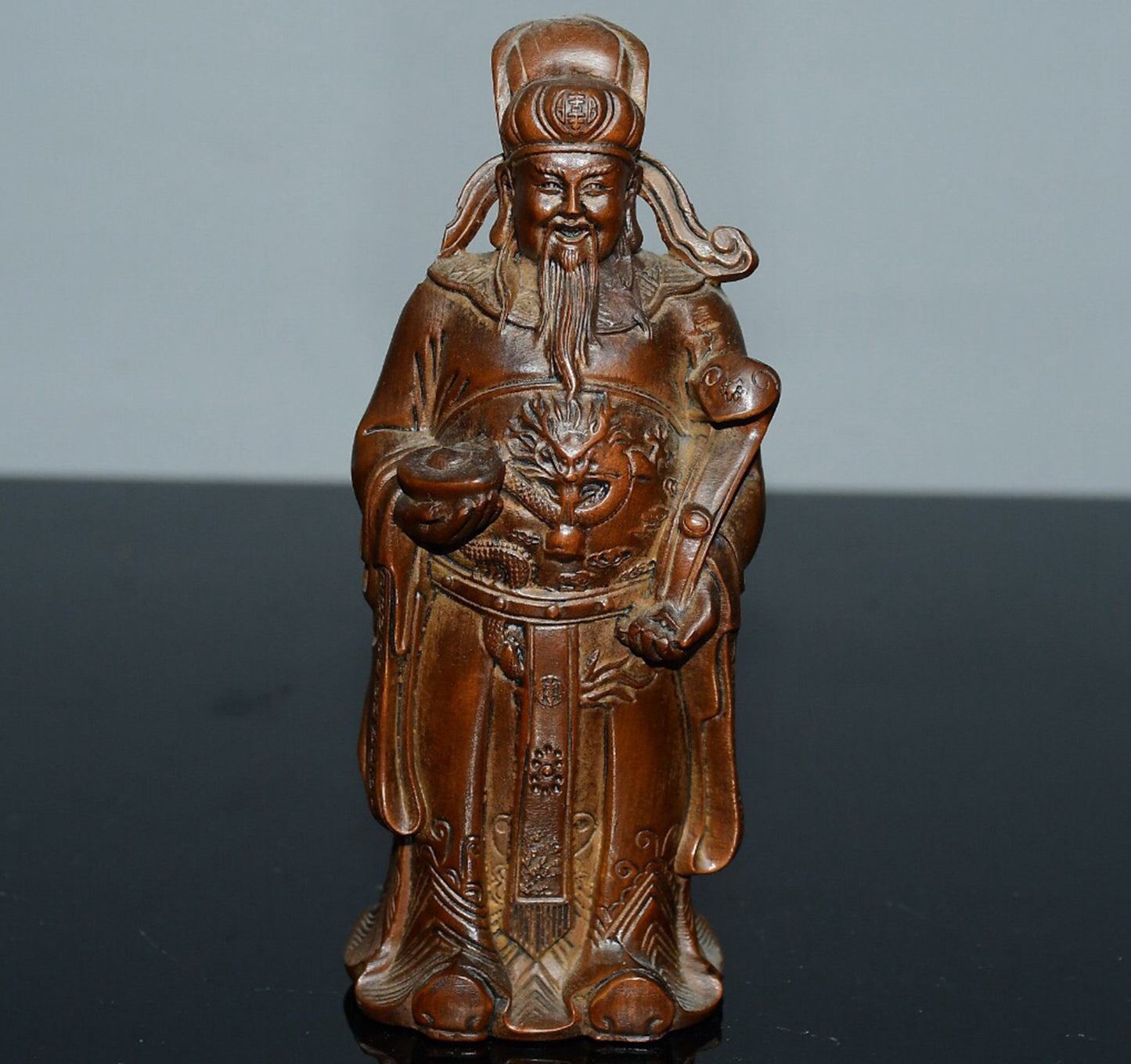 Chinese antique small leaf boxwood God of Wealth ornament