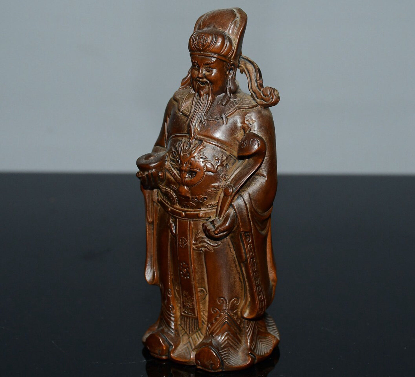 Chinese antique small leaf boxwood God of Wealth ornament