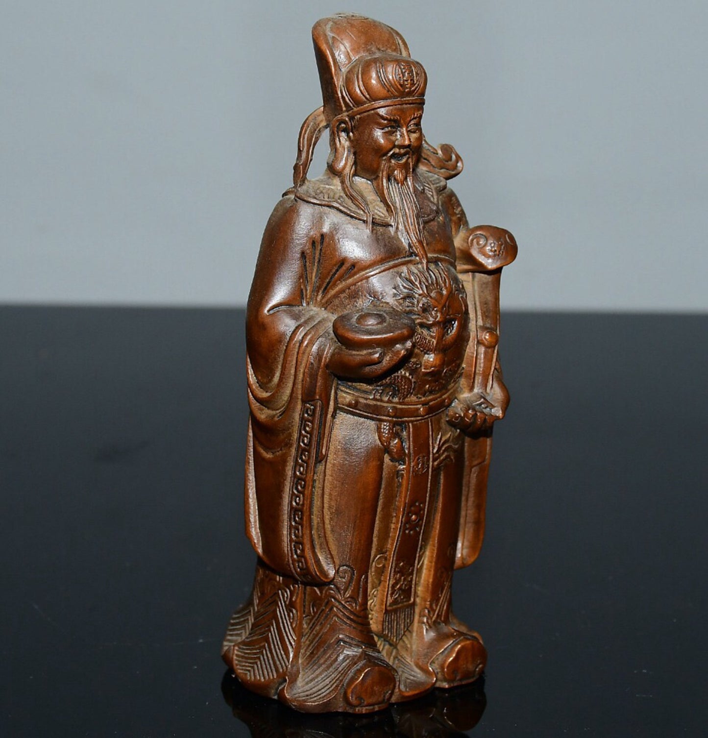 Chinese antique small leaf boxwood God of Wealth ornament