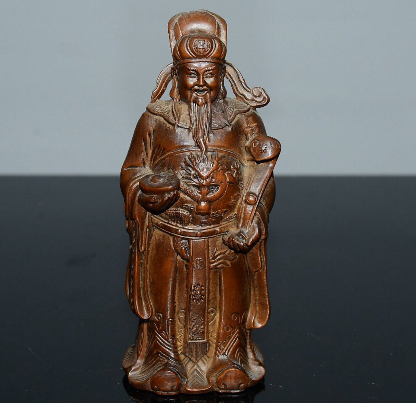 Chinese antique small leaf boxwood God of Wealth ornament