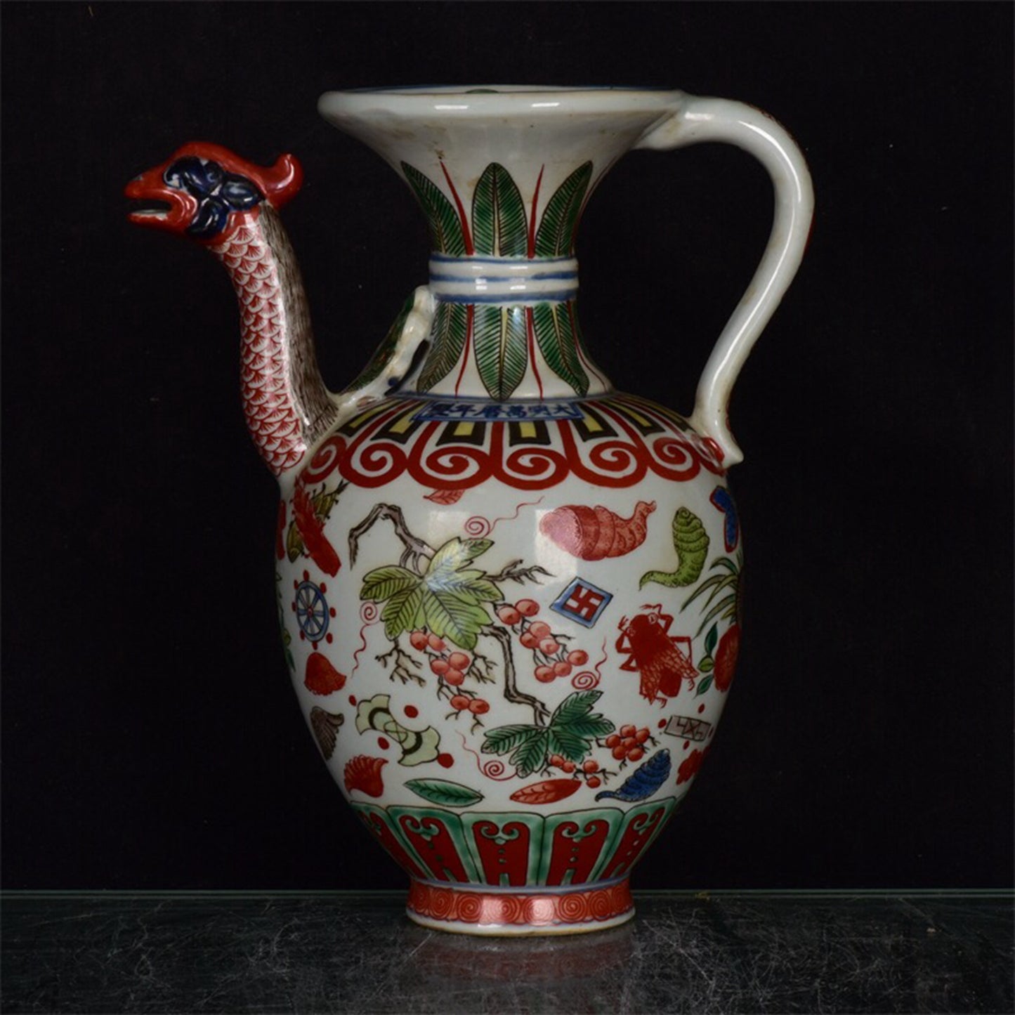 Chinese antique red and green colored phoenix head teapot