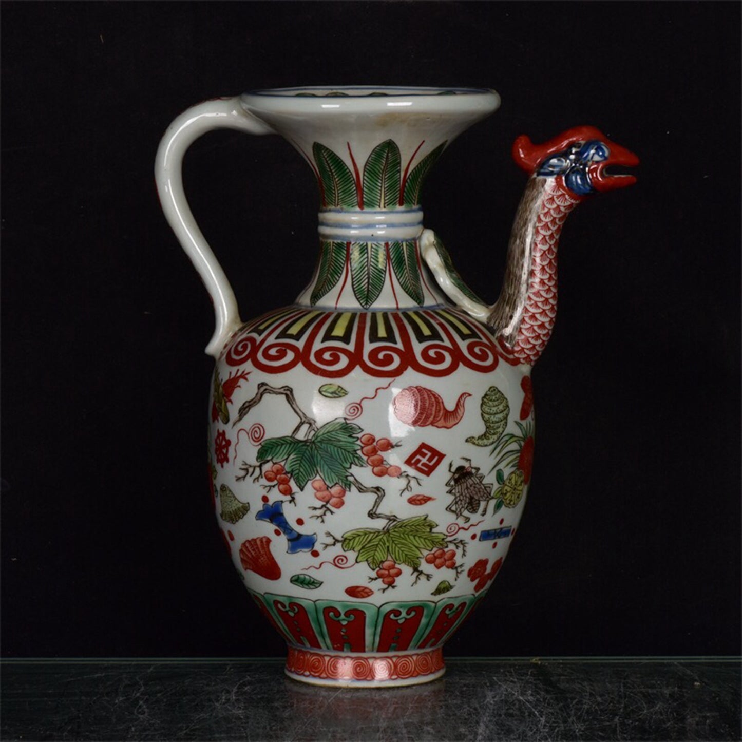 Chinese antique red and green colored phoenix head teapot