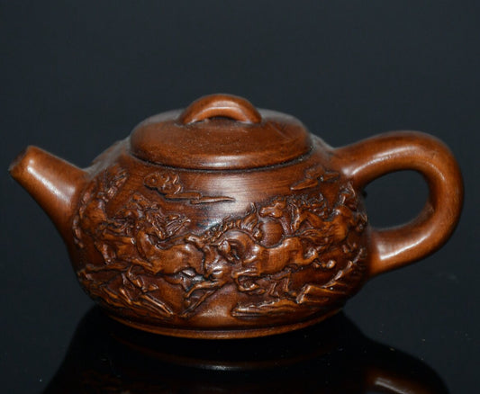 Chinese antique small leaf boxwood eight steed handle and teapot handle piece