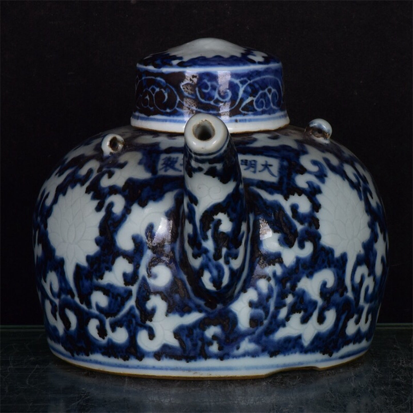 Chinese antique blue and white with white space, entwined flower pattern, three series bamboo teapot